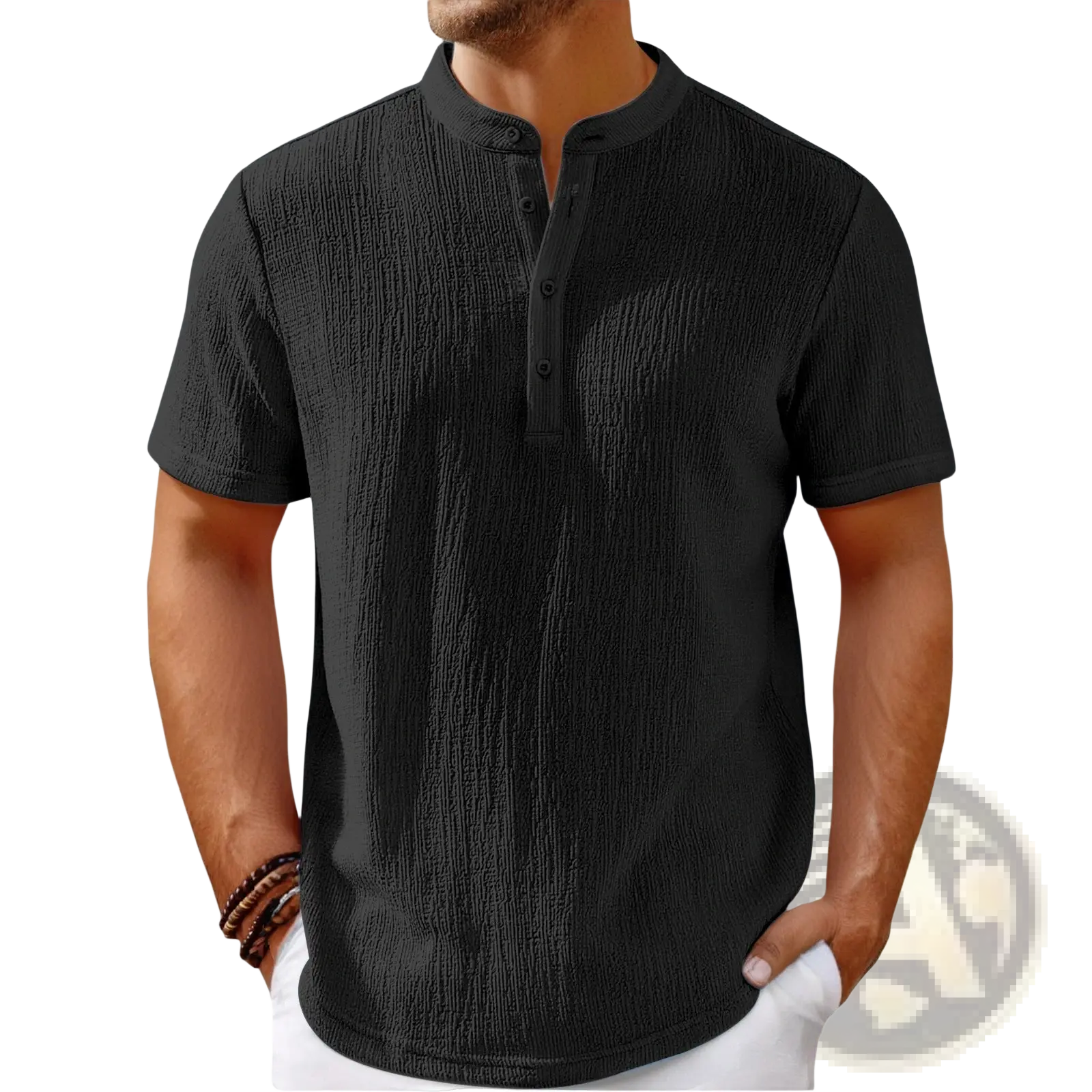 Men’s retro textured cotton linen henley shirt in black with a subtle vertical ribbed pattern and short sleeves