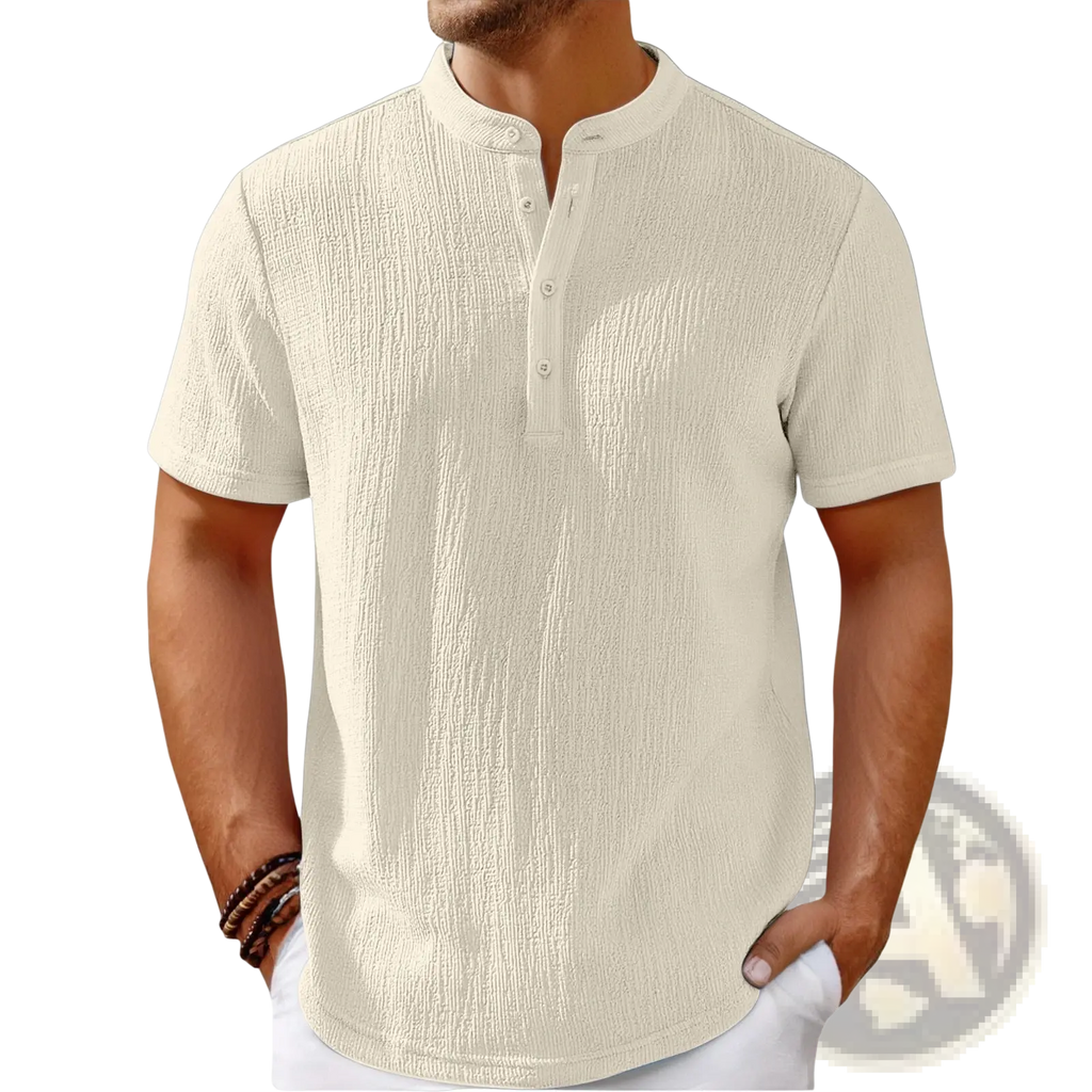 Men’s retro beige short-sleeve henley shirt with textured cotton linen fabric and vertical ribbed pattern with buttons
