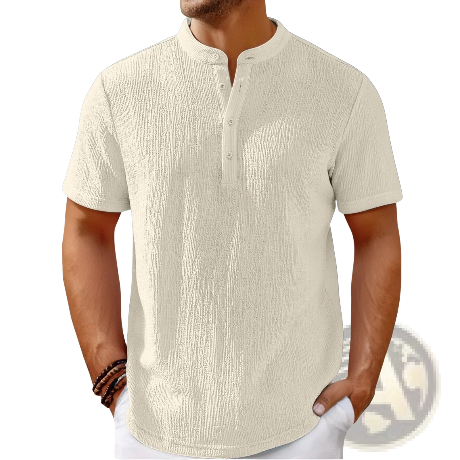 Men’s retro beige short-sleeve henley shirt with textured cotton linen fabric and vertical ribbed pattern with buttons