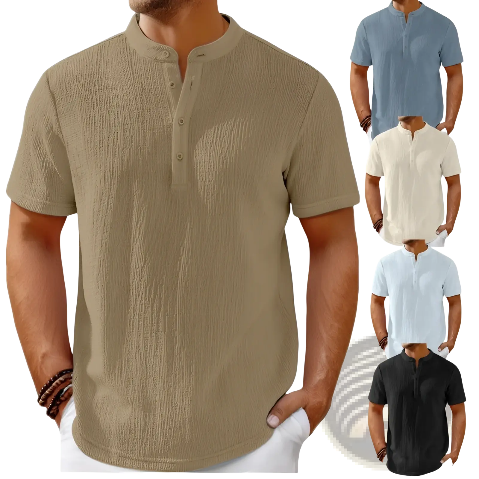 Beige textured cotton linen short-sleeved henley shirt with buttoned placket for men in retro style