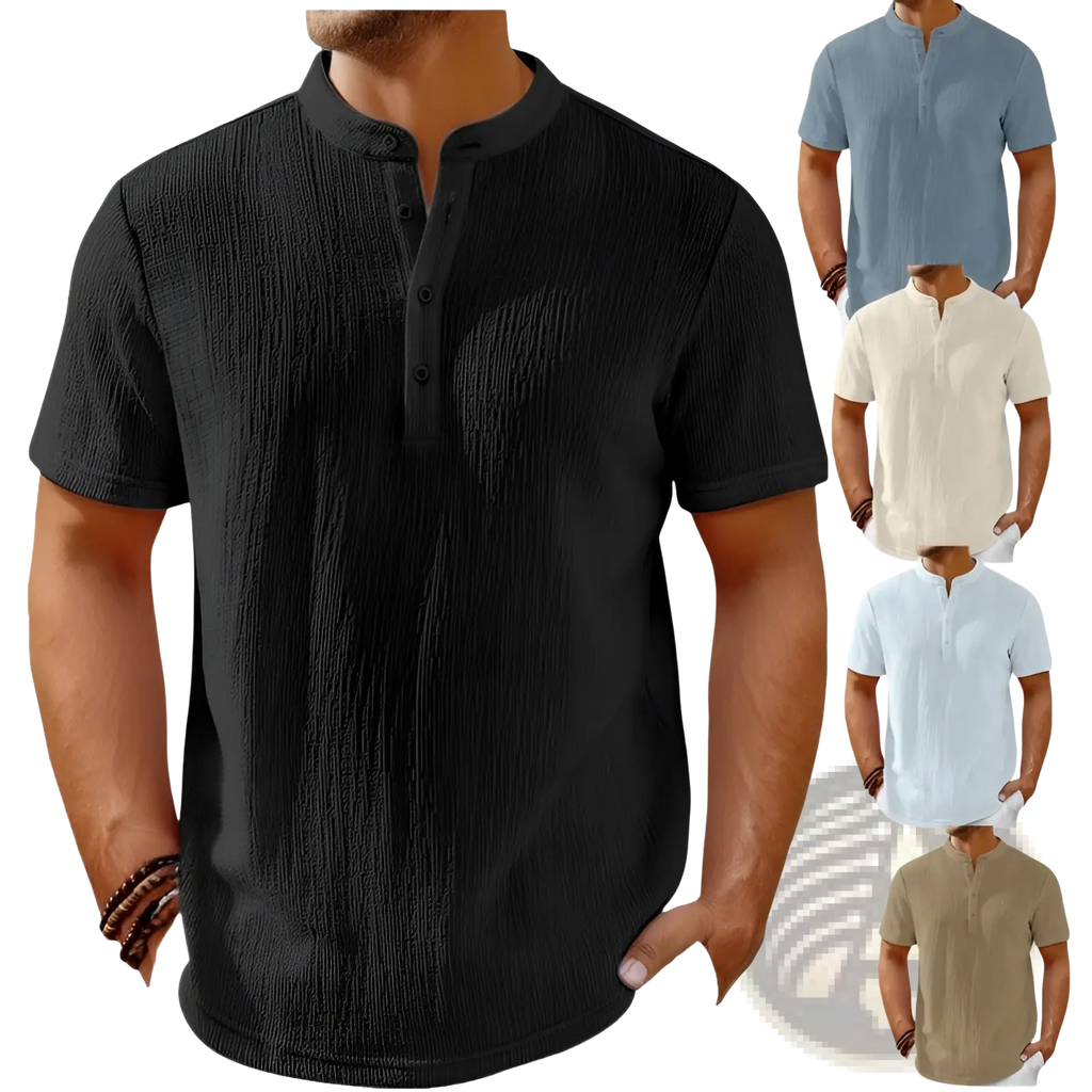 Men’s retro textured black cotton linen short-sleeved henley shirt with button placket