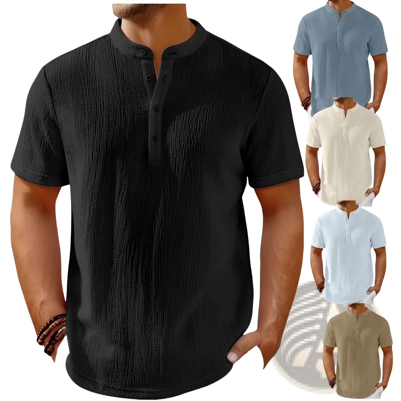 Men’s retro textured black cotton linen short-sleeved henley shirt with button placket