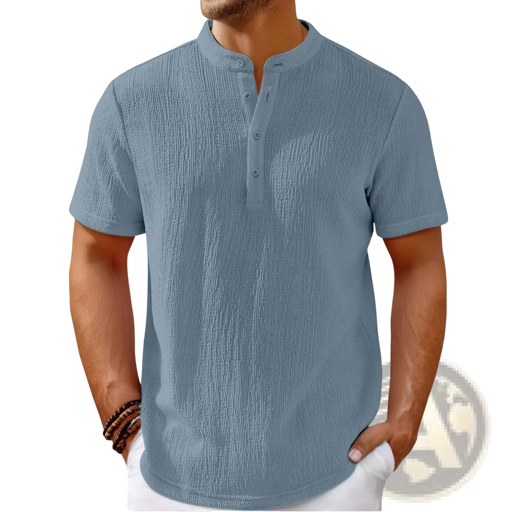 Men’s retro light blue textured cotton linen henley shirt with short sleeves buttoned placket and collar
