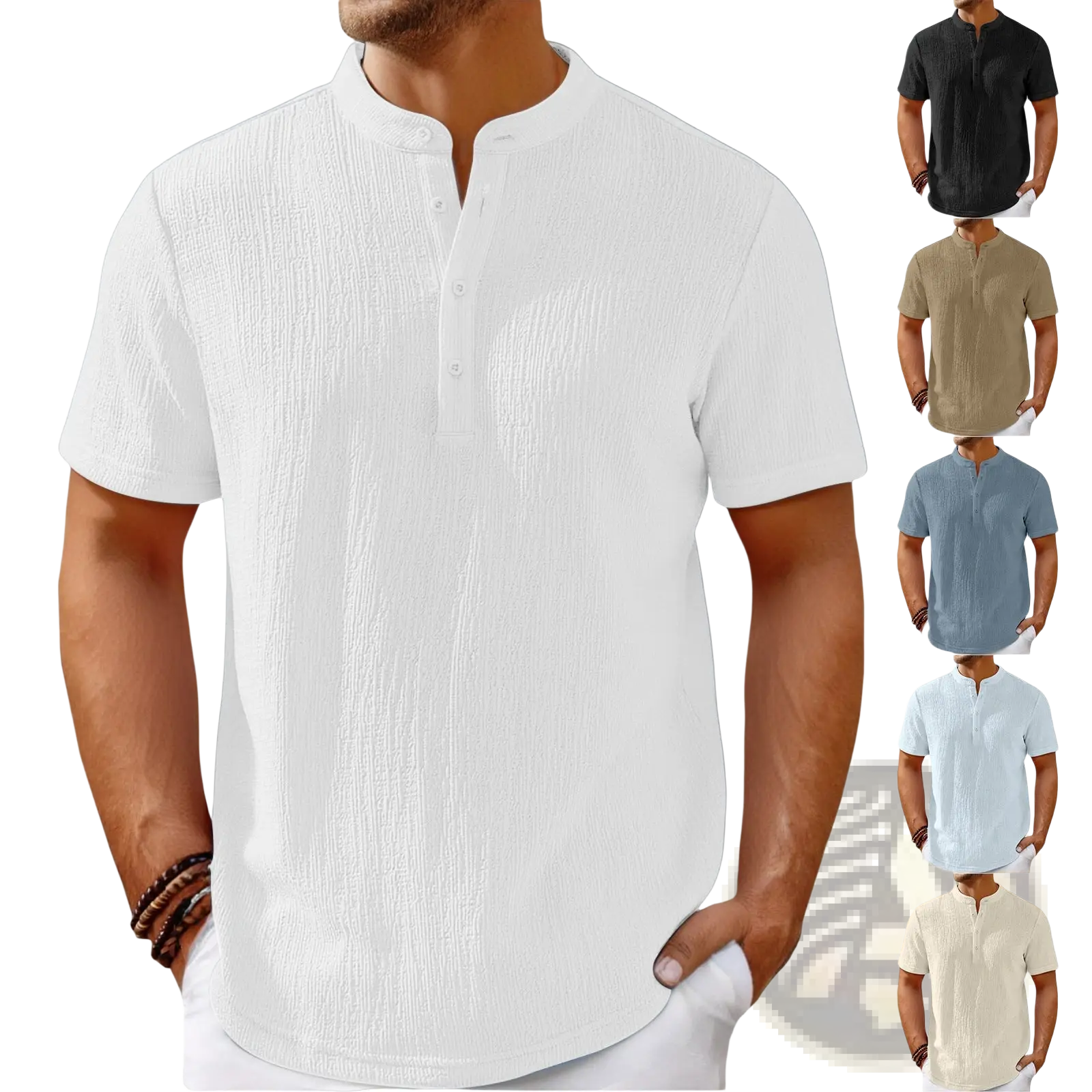 Men’s retro textured cotton linen henley shirt in white with short sleeves and a subtle vertical weave pattern