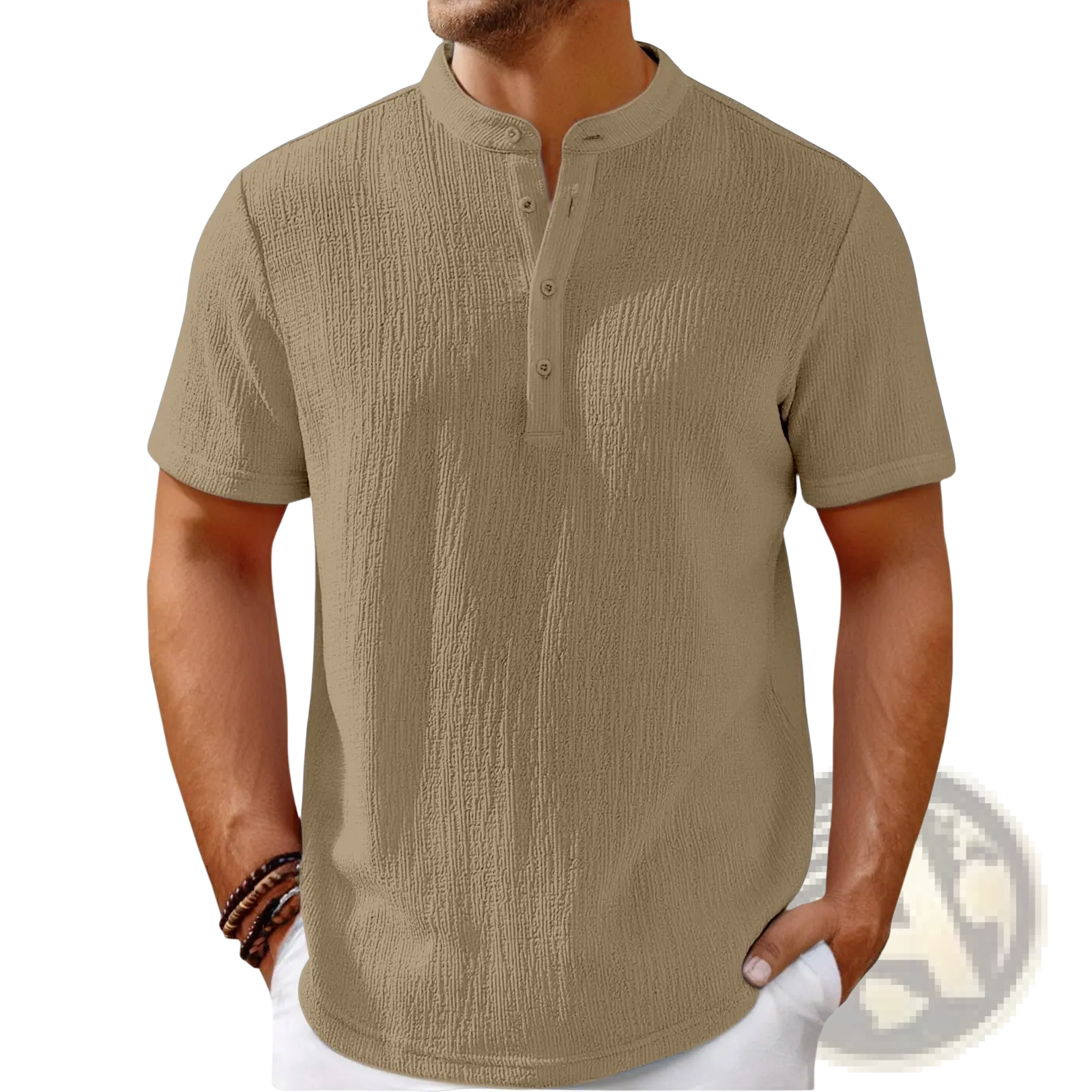 Men’s retro beige cotton linen henley shirt with short sleeves textured with a subtle vertical ribbed pattern and button placket