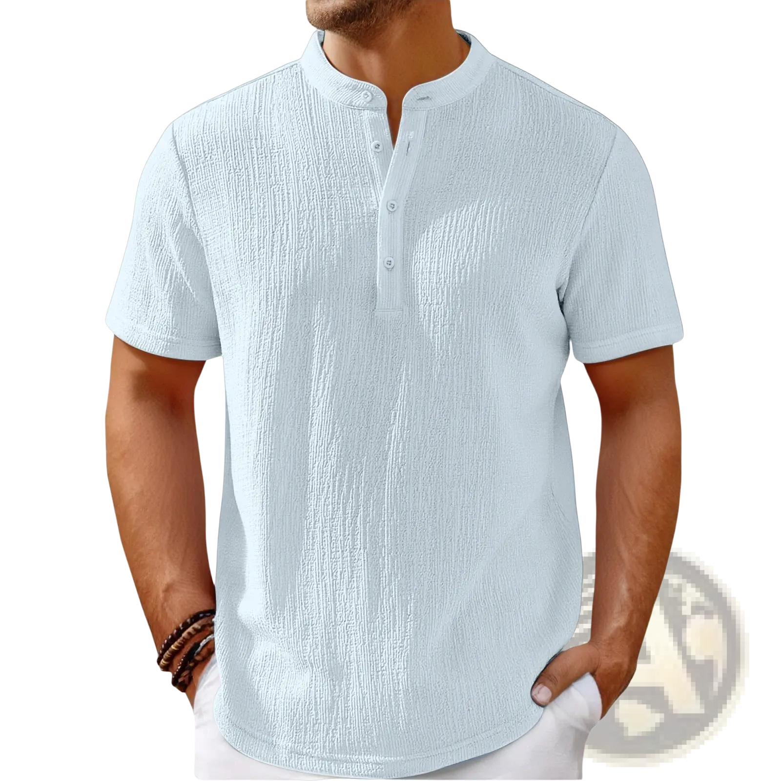 Men’s retro light blue textured cotton linen henley shirt with subtle vertical ribbed pattern and buttoned placket