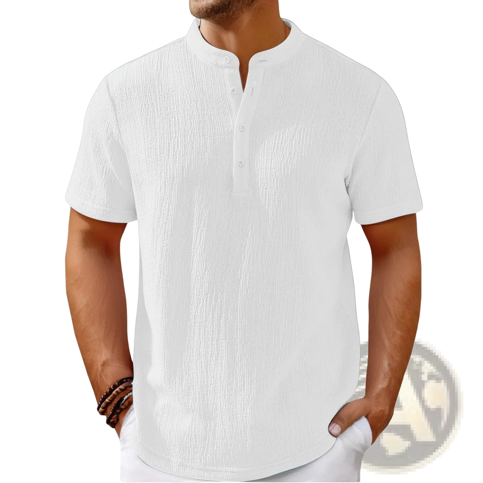Men’s retro textured cotton linen henley shirt in white with a subtle vertical ribbed short-sleeve design