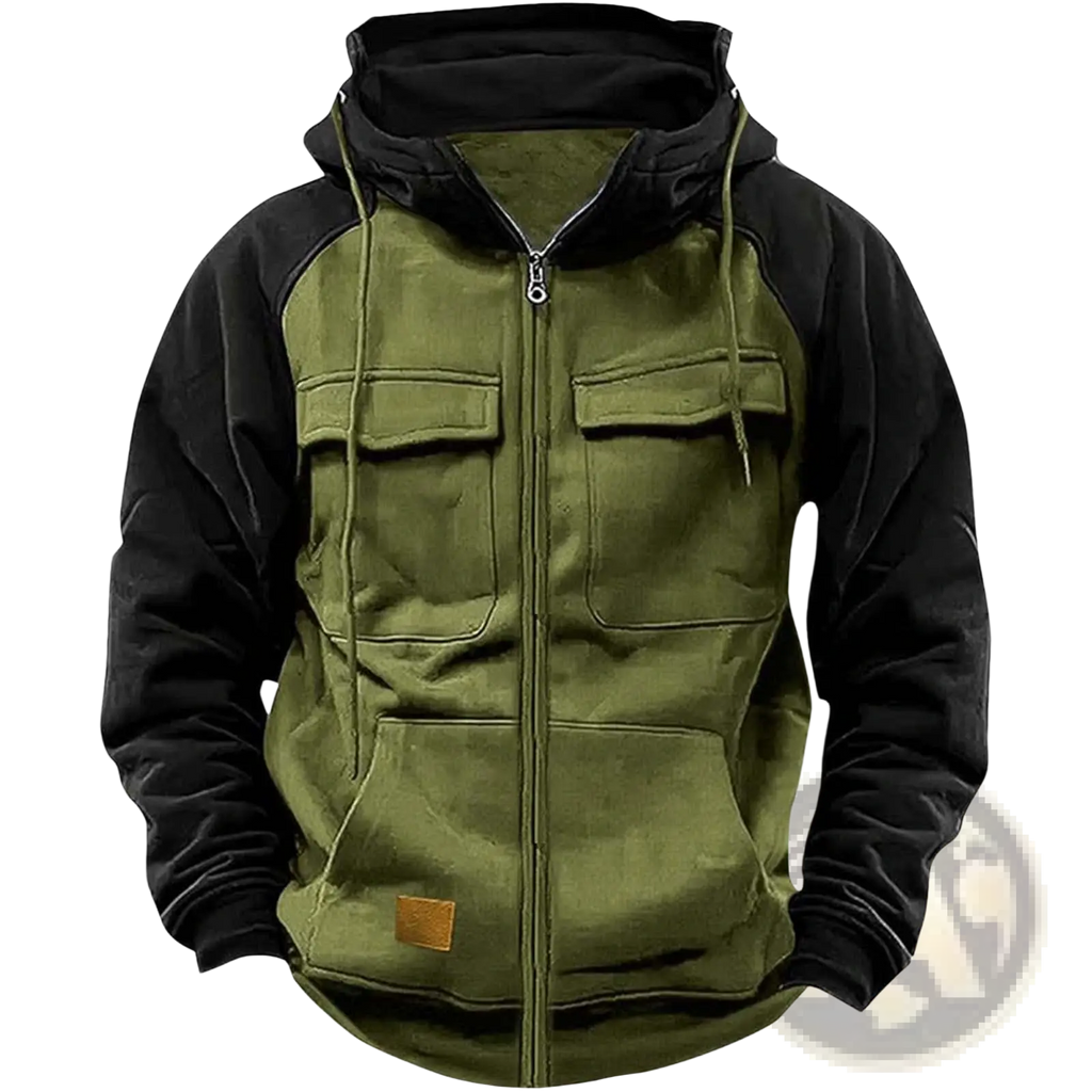 Men’s retro velvet lined olive green and black zip hoodie with multi pockets and brown leather patch on front