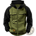 Men’s retro velvet lined olive green and black zip hoodie with multi pockets and brown leather patch on front