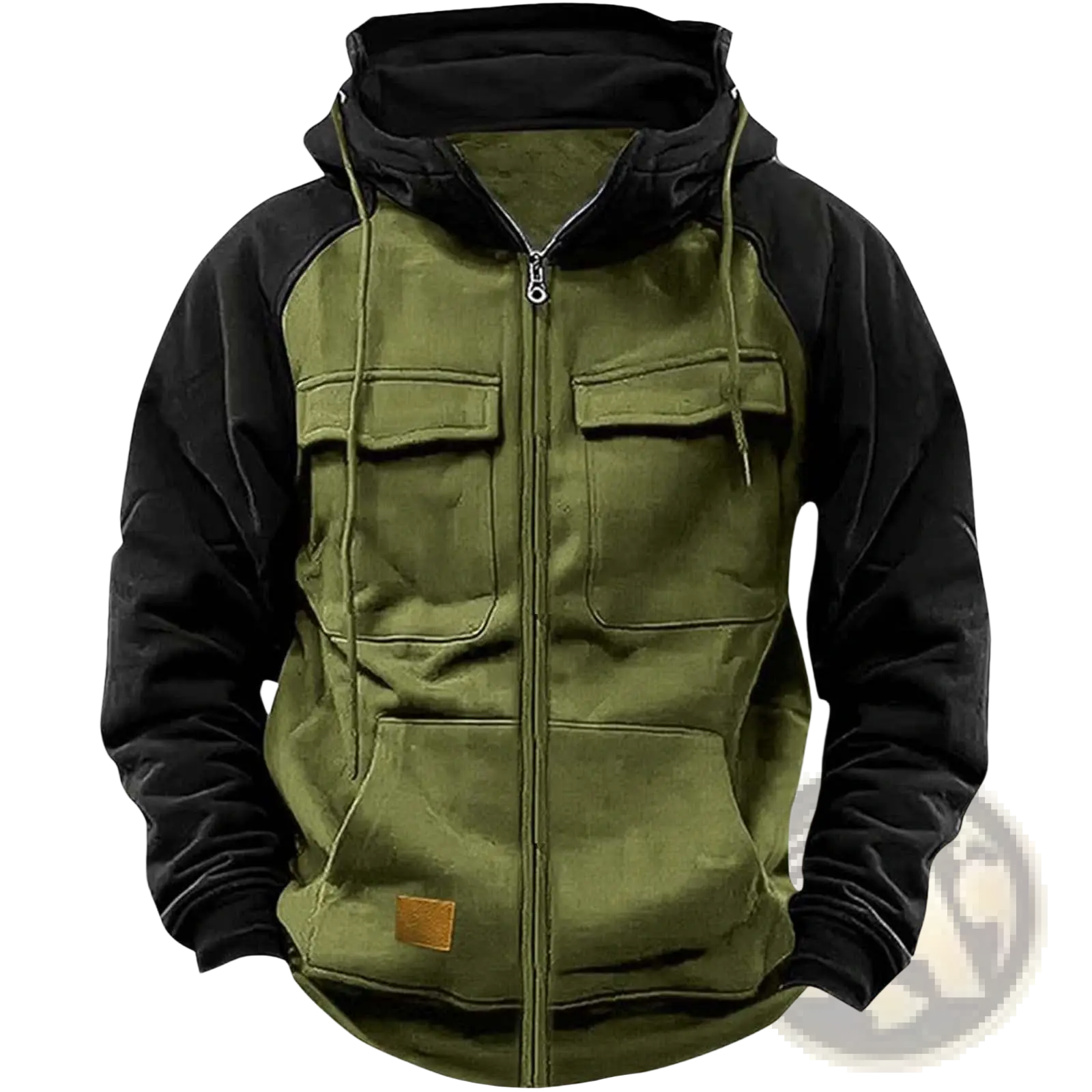 Men’s retro velvet lined olive green and black zip hoodie with multi pockets and brown leather patch on front