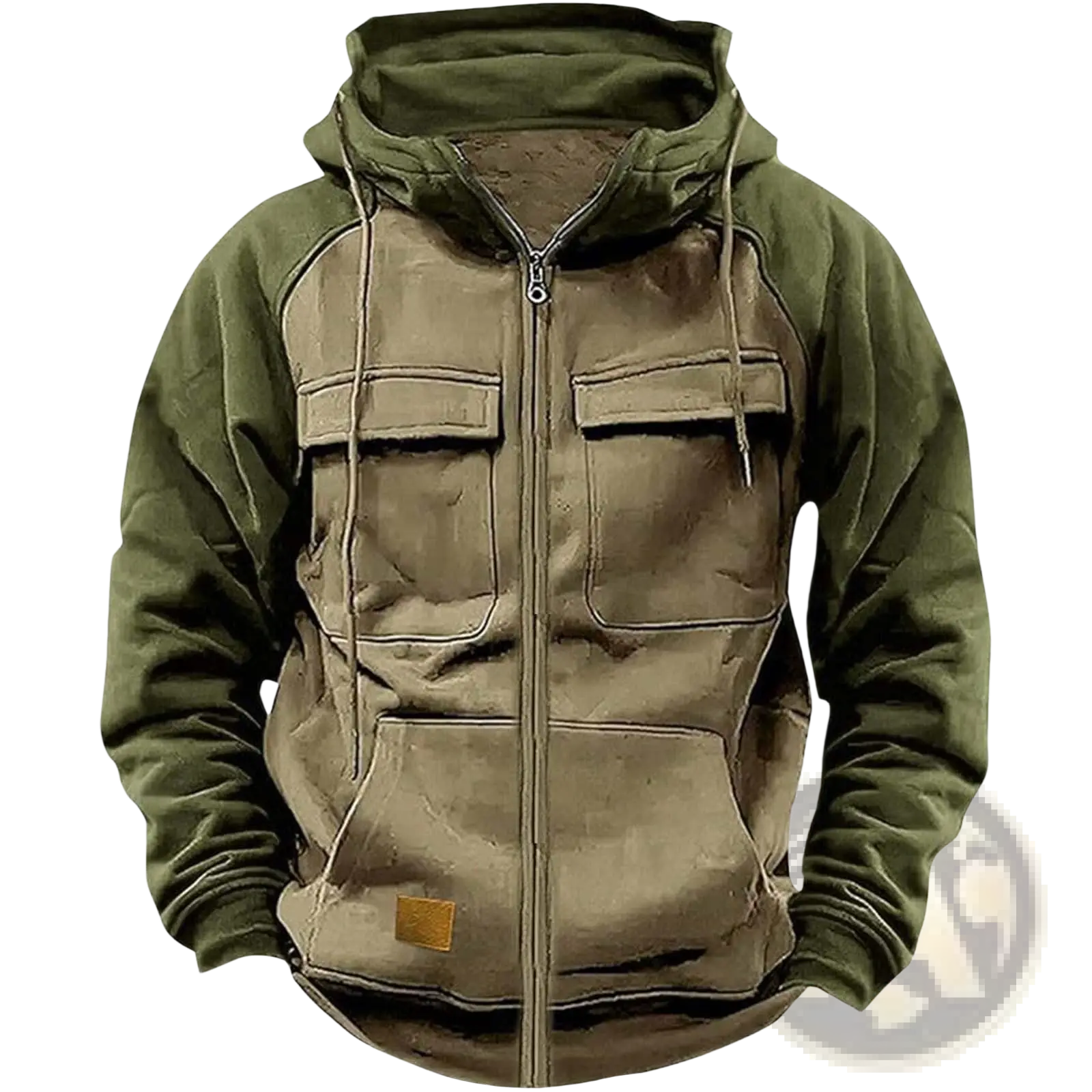 Men’s olive green retro zip-up hoodie with velvet lining and textured distressed fabric featuring two front pockets
