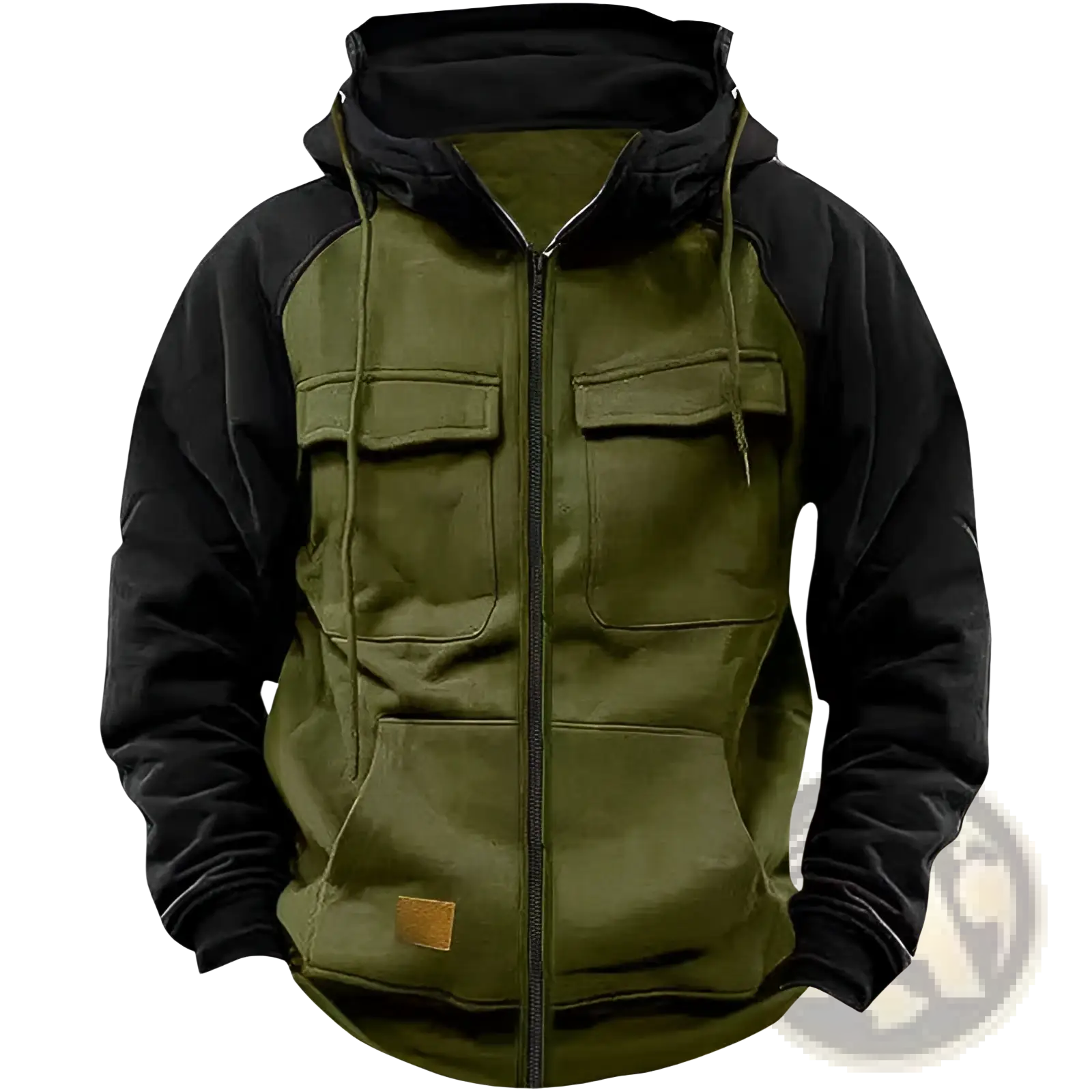 Men’s retro olive green and black velvet lined zip hoodie with multiple pockets and brown leather patch detail