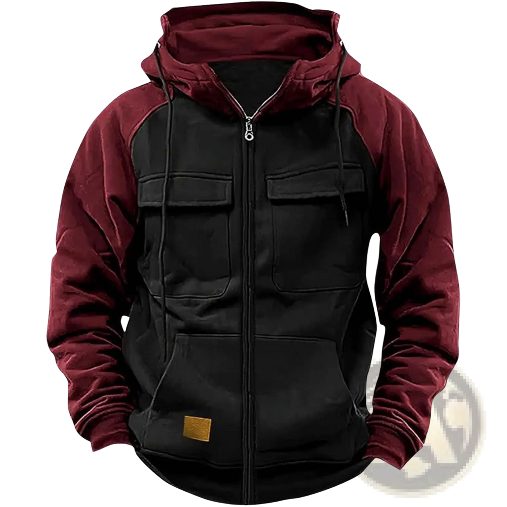 Men’s retro velvet lined multi pocket zip hoodie in black and maroon with velvet texture on sleeves pockets and lining