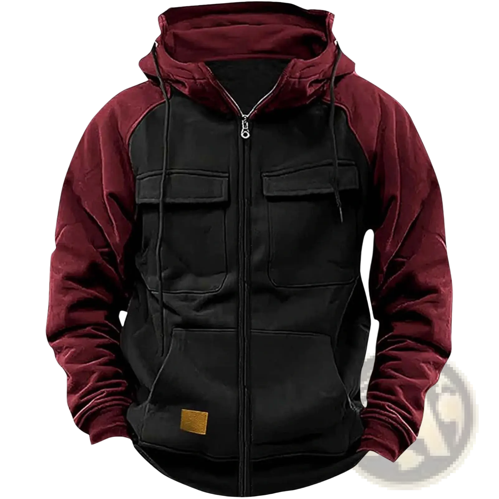 Men’s retro velvet lined multi pocket zip hoodie in black and maroon with velvet texture on sleeves pockets and lining