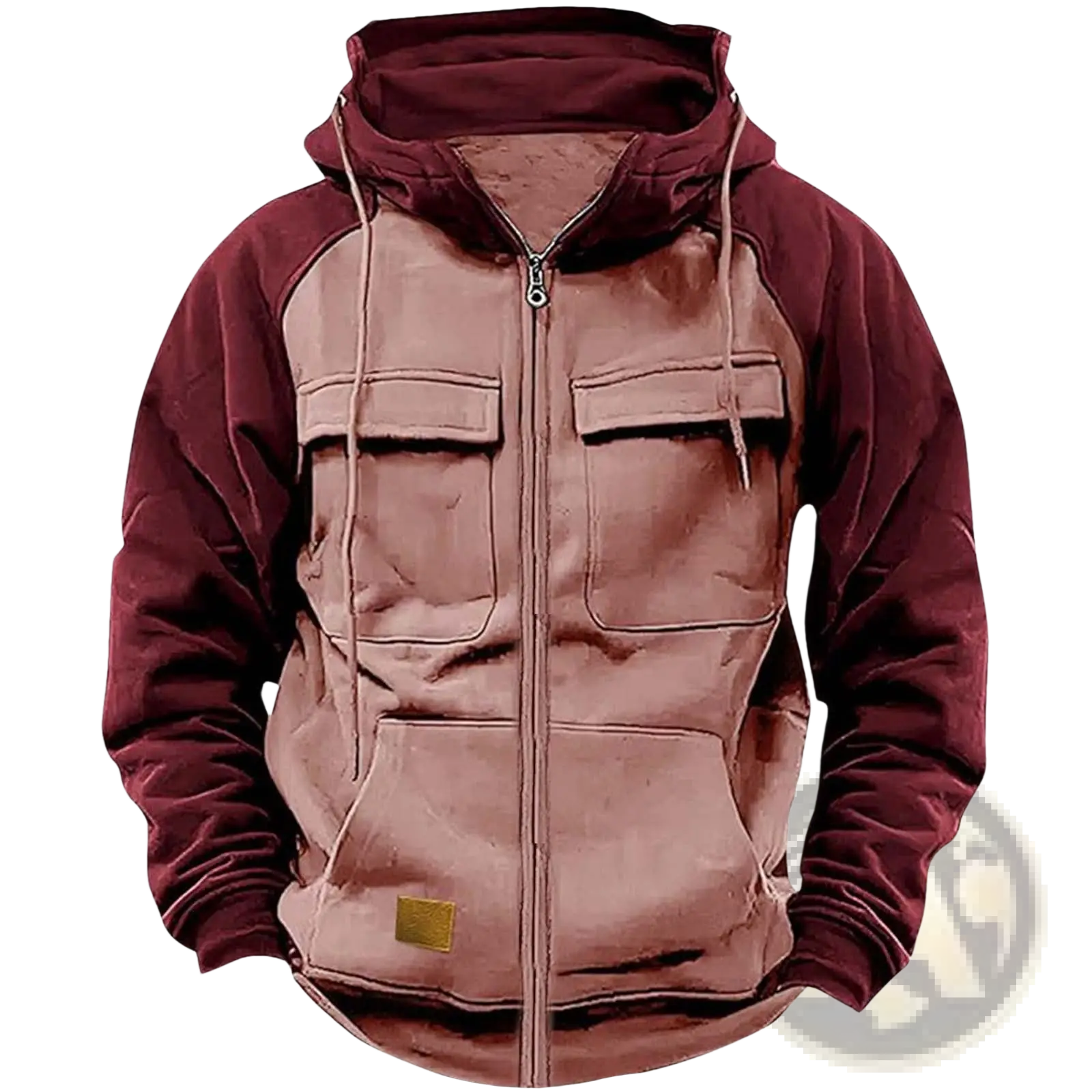 Men’s retro velvet lined zip hoodie in maroon and beige with drawstring hood, front pockets, and gold patch detail