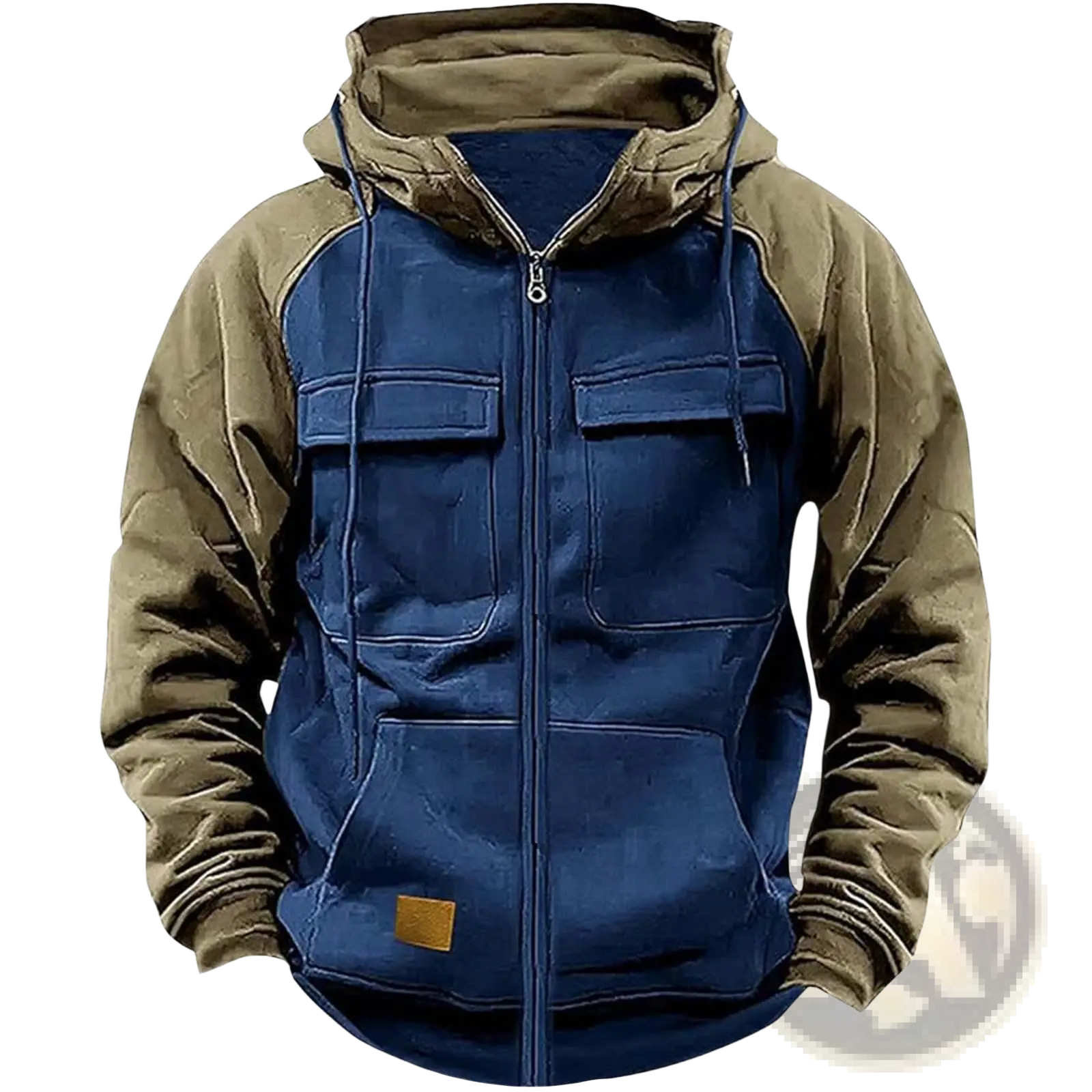 Men’s retro velvet lined multi pocket zip hoodie in blue and olive green with hood, front pockets, and ribbed cuffs