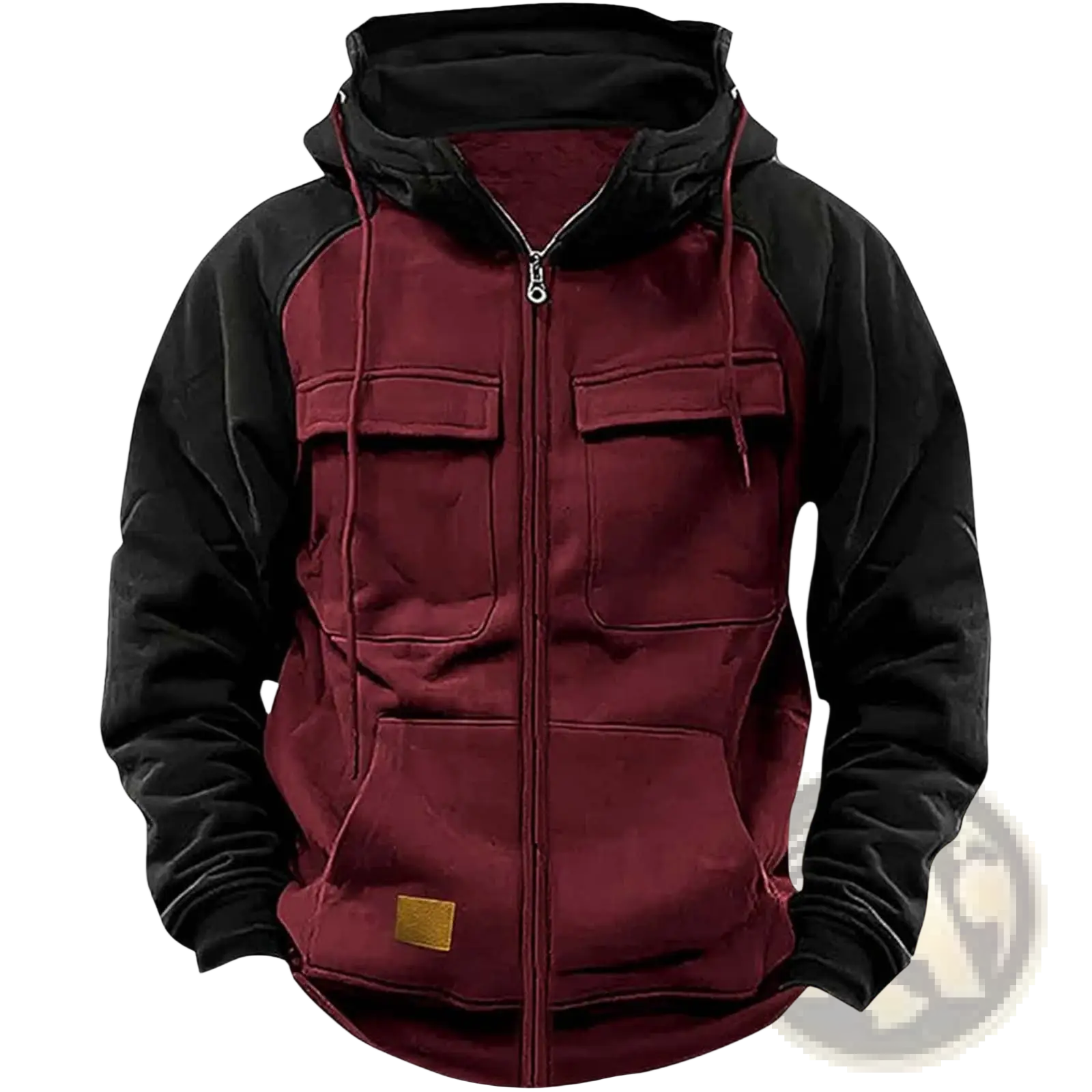 Men’s retro velvet lined zip hoodie in maroon and black with multiple pockets and a gold-colored patch