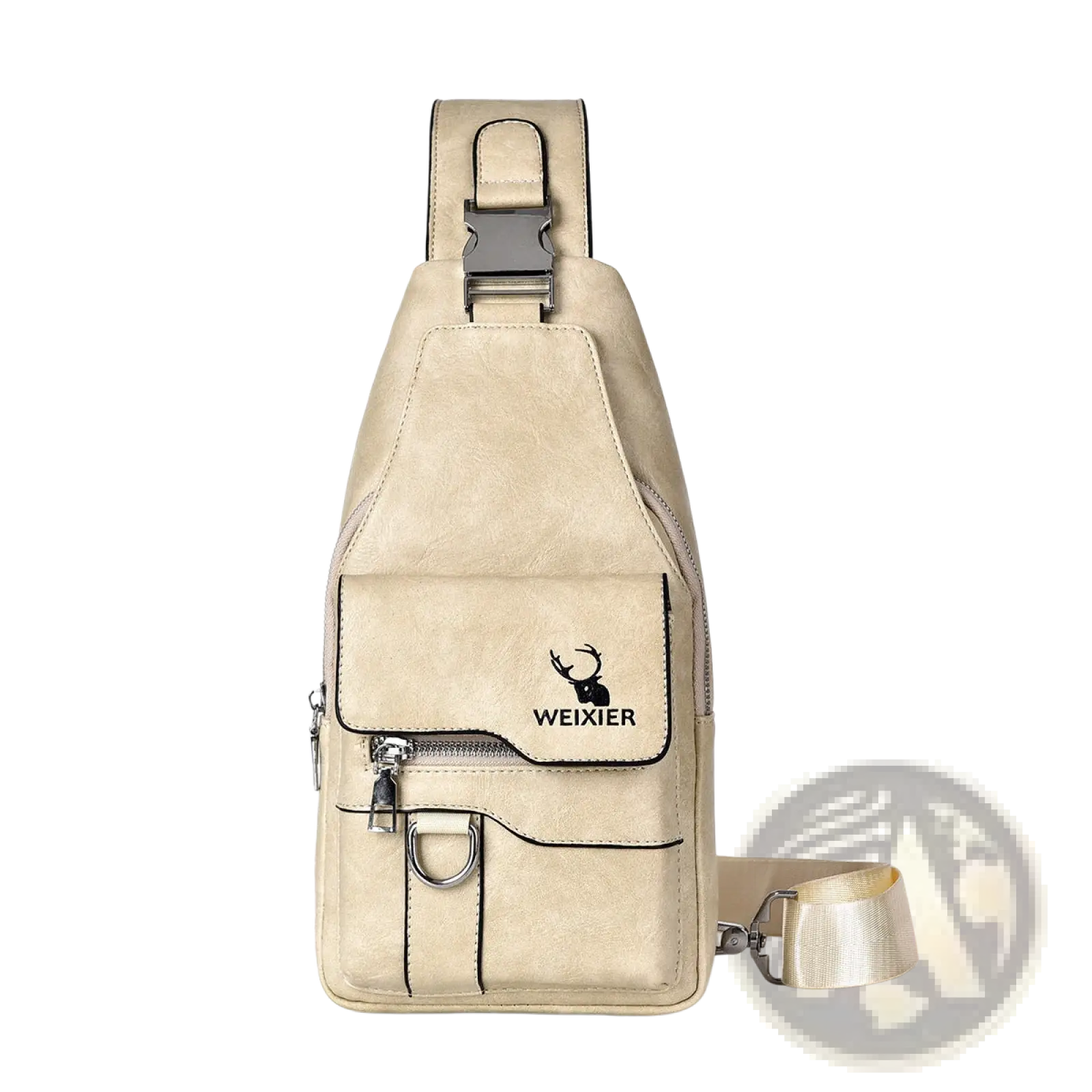 Beige men’s retro waterproof faux leather crossbody chest bag with black deer logo and weixier branding on front pocket