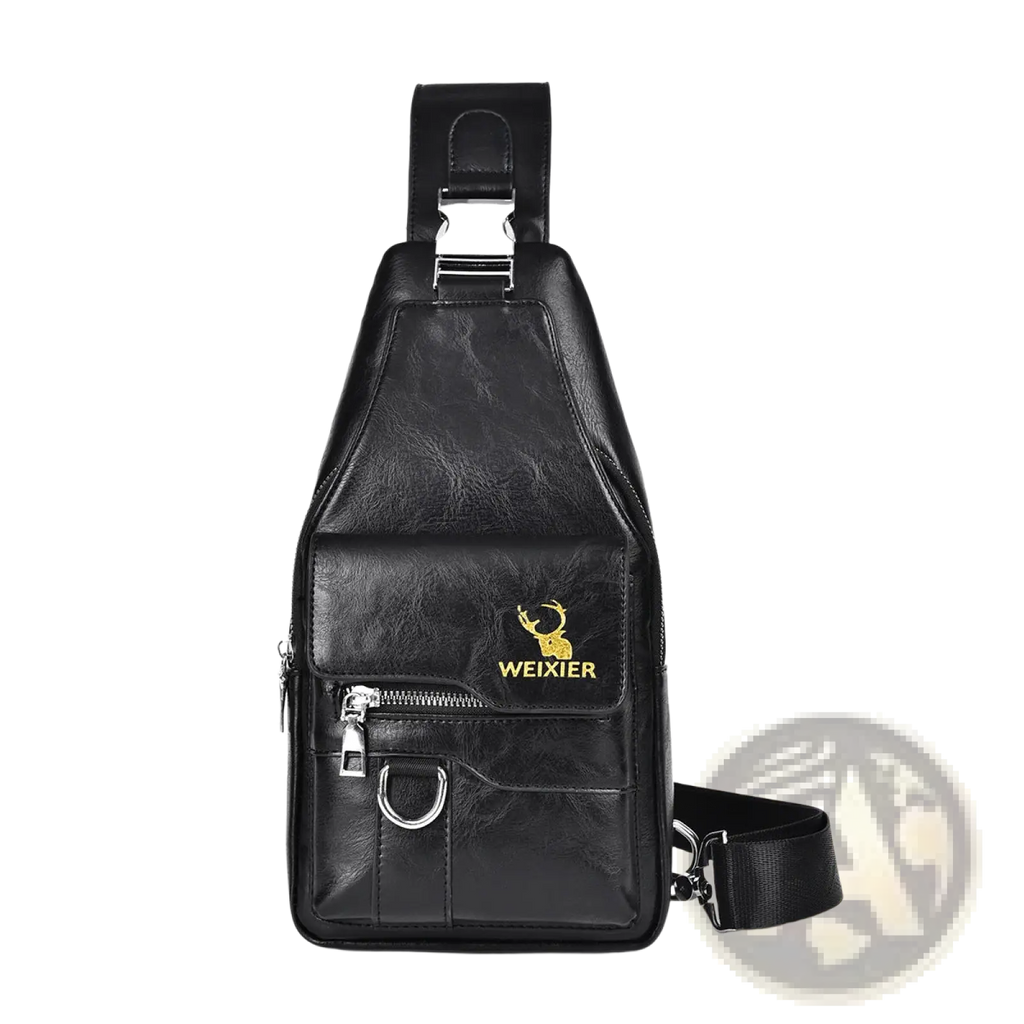 Black leather men’s retro waterproof faux leather crossbody chest bag with gold deer logo and weixier branding on front pocket