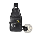 Black leather men’s retro waterproof faux leather crossbody chest bag with gold deer logo and weixier branding on front pocket