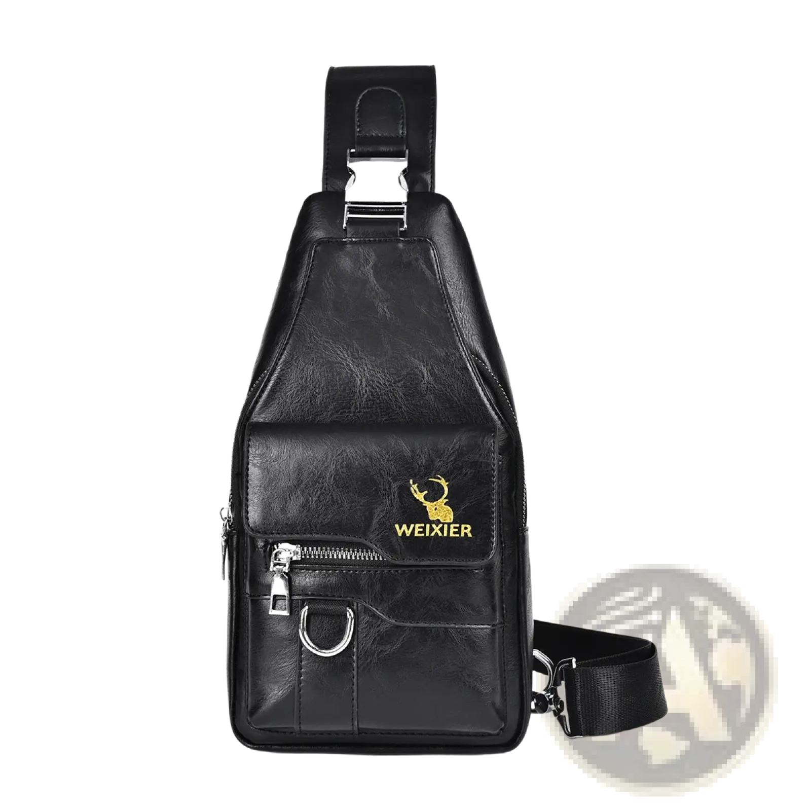 Black leather men’s retro waterproof faux leather crossbody chest bag with gold deer logo and weixier branding on front pocket