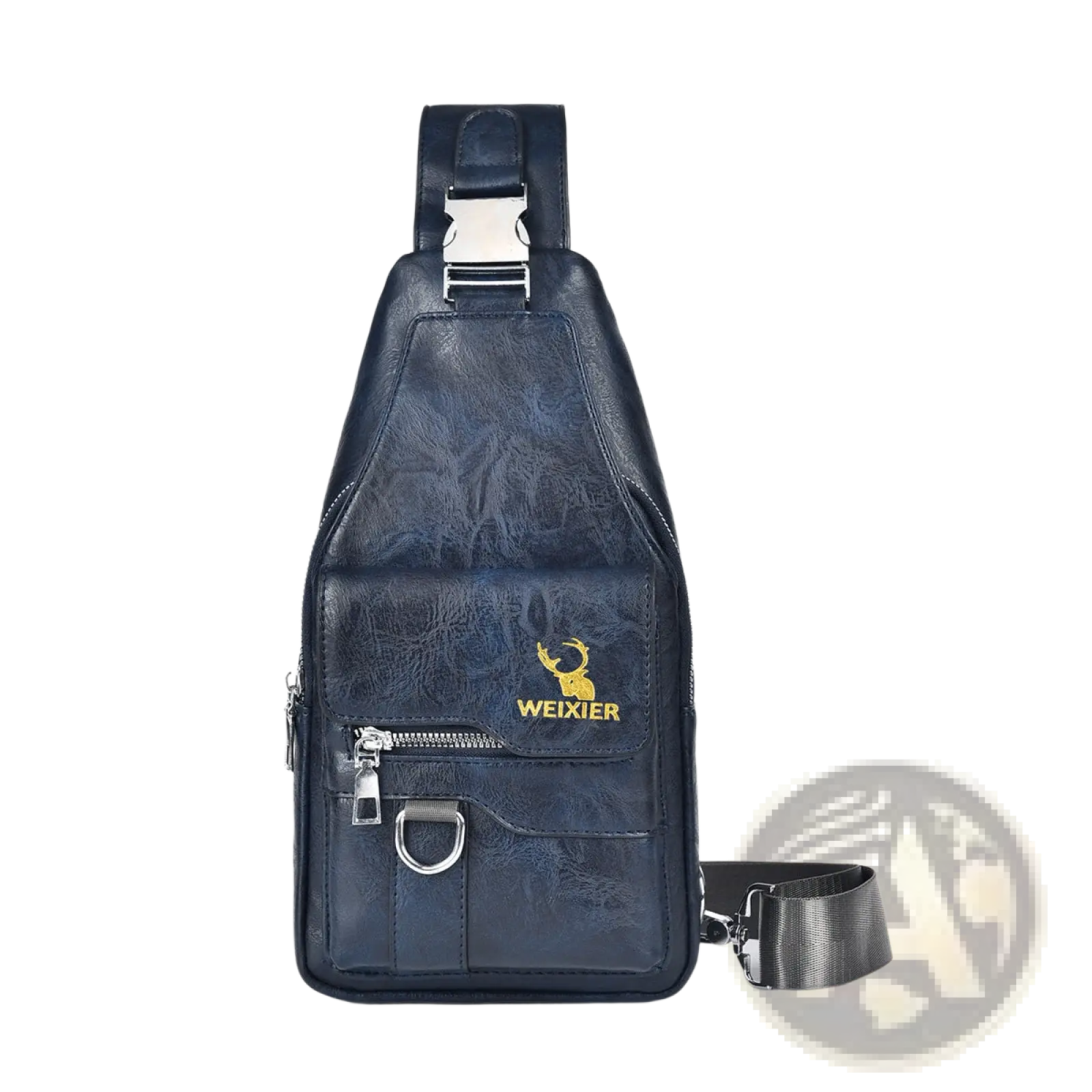 Dark blue men’s retro waterproof faux leather crossbody chest bag with gold logo and silver-toned hardware