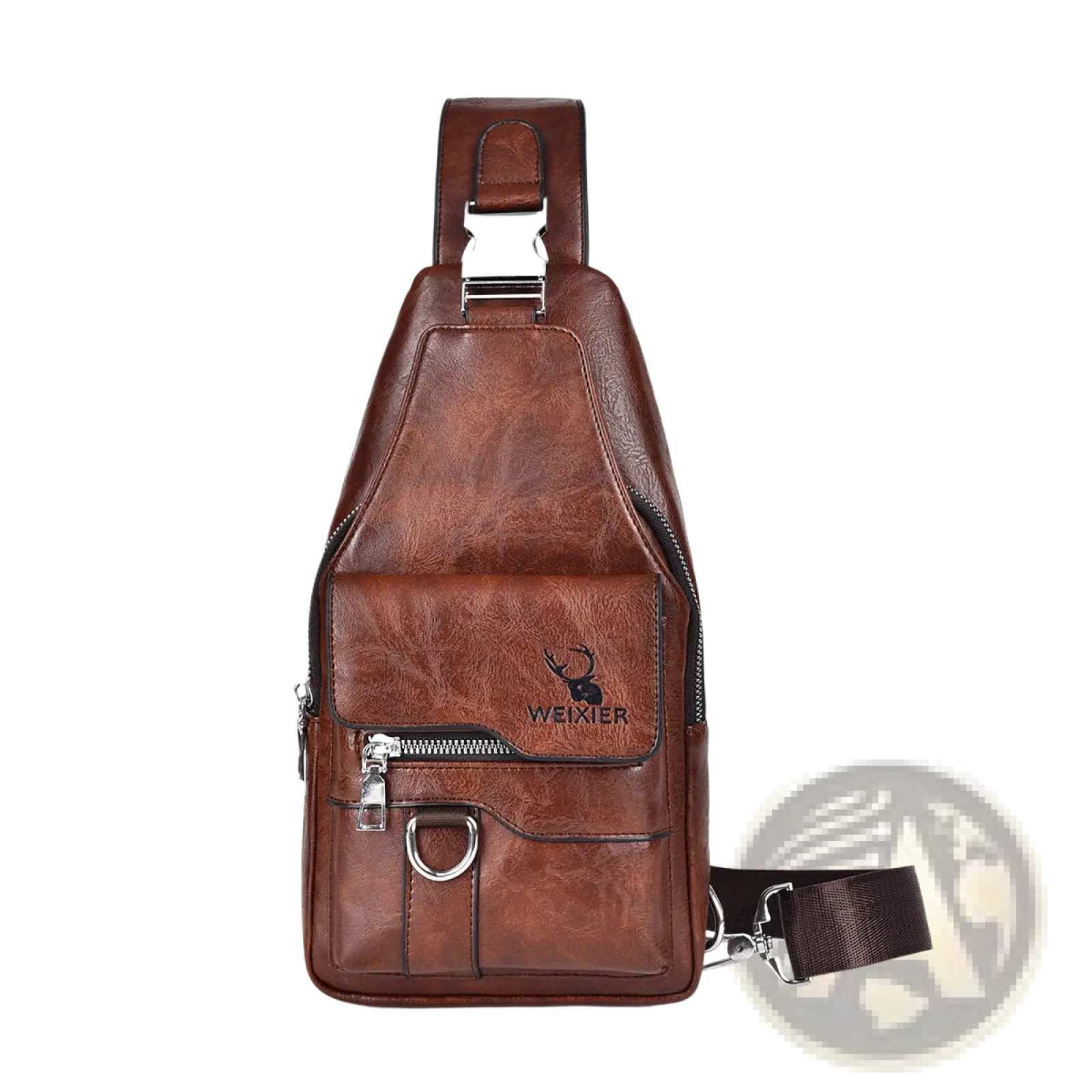 Brown leather men’s retro waterproof faux leather crossbody chest bag with deer logo and weixier branding