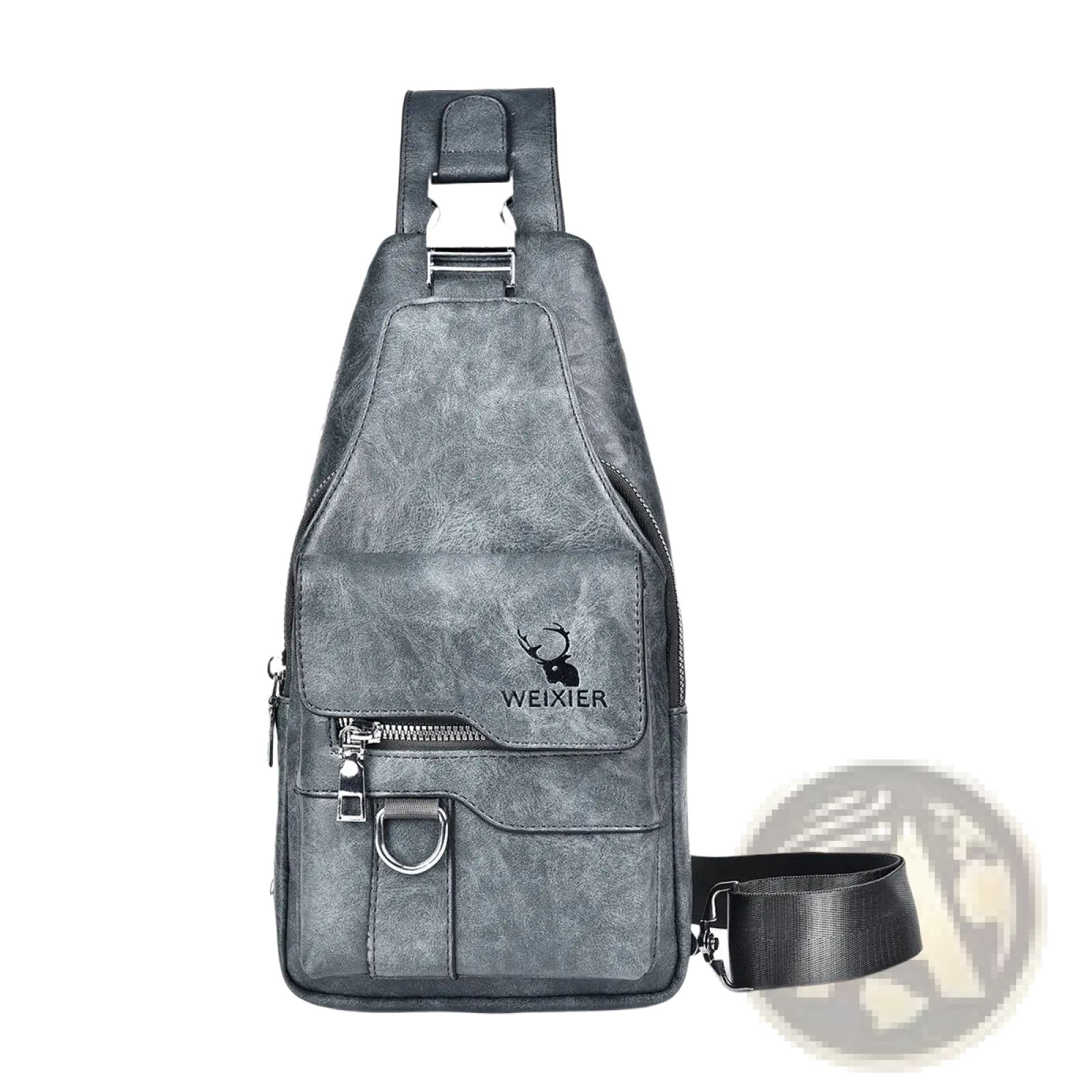 Men’s retro gray waterproof faux leather crossbody chest bag with black deer logo and weixier branding on front pocket