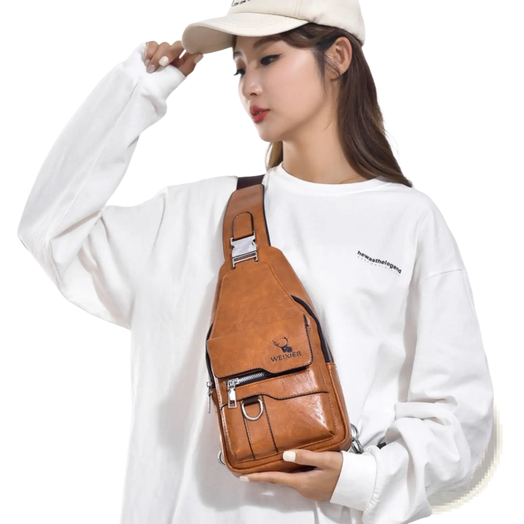 Men’s retro faux leather brown crossbody chest bag with deer logo and silver hardware, waterproof and stylish