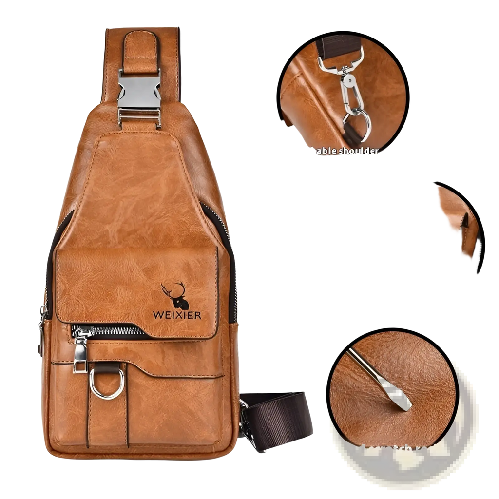 Men’s retro brown waterproof faux leather crossbody chest bag with silver hardware and detachable strap