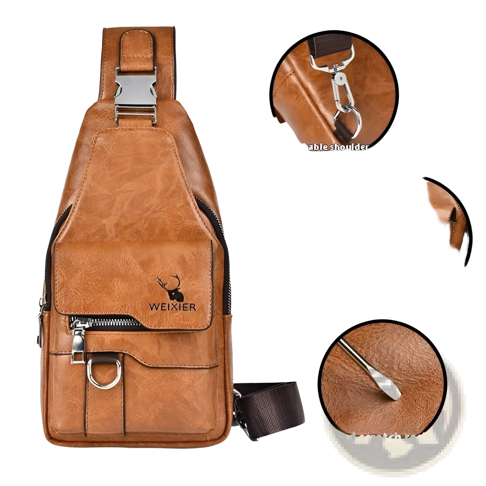 Men’s retro brown waterproof faux leather crossbody chest bag with silver hardware and detachable strap