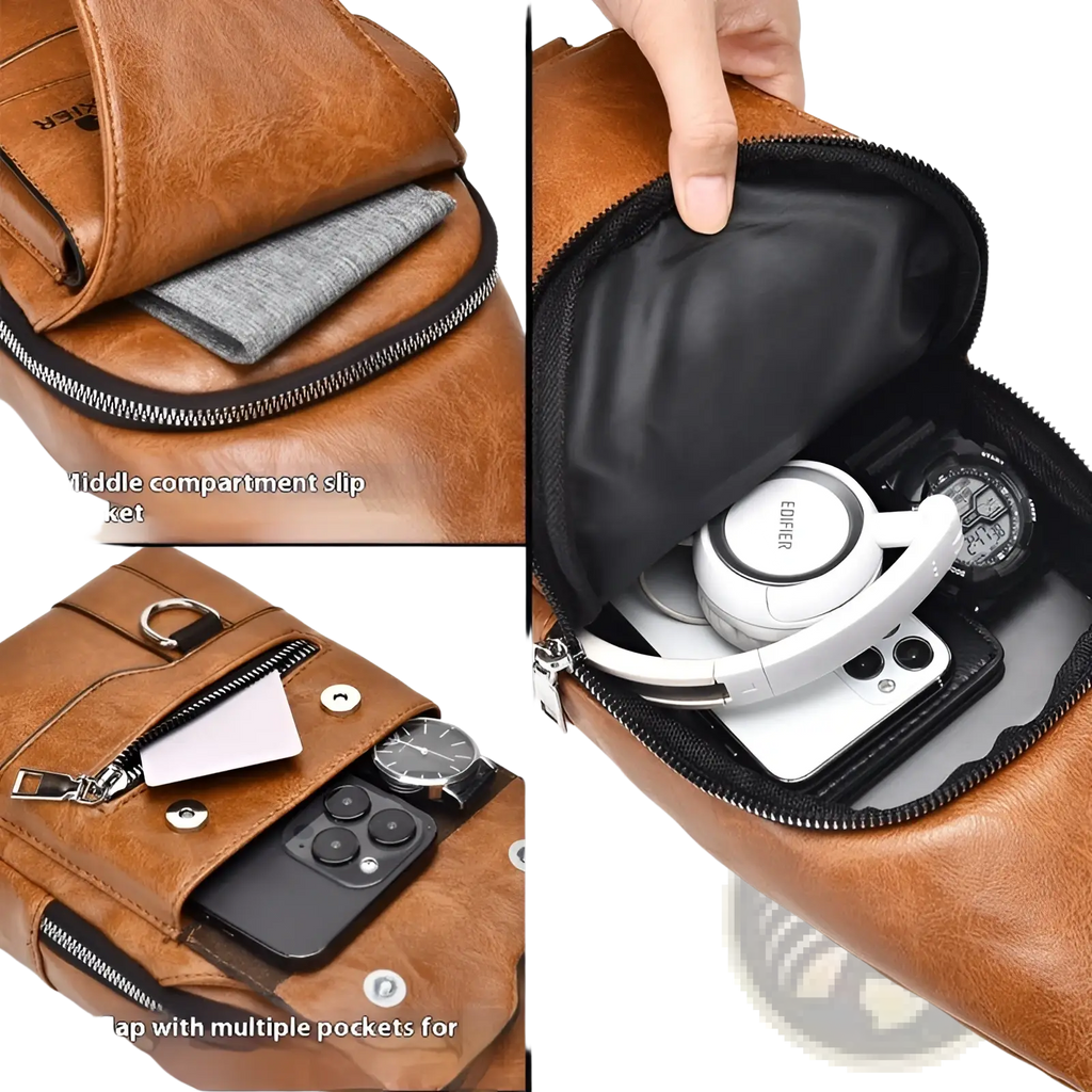 Men’s retro waterproof brown faux leather crossbody chest bag with multiple zippered compartments and silver hardware