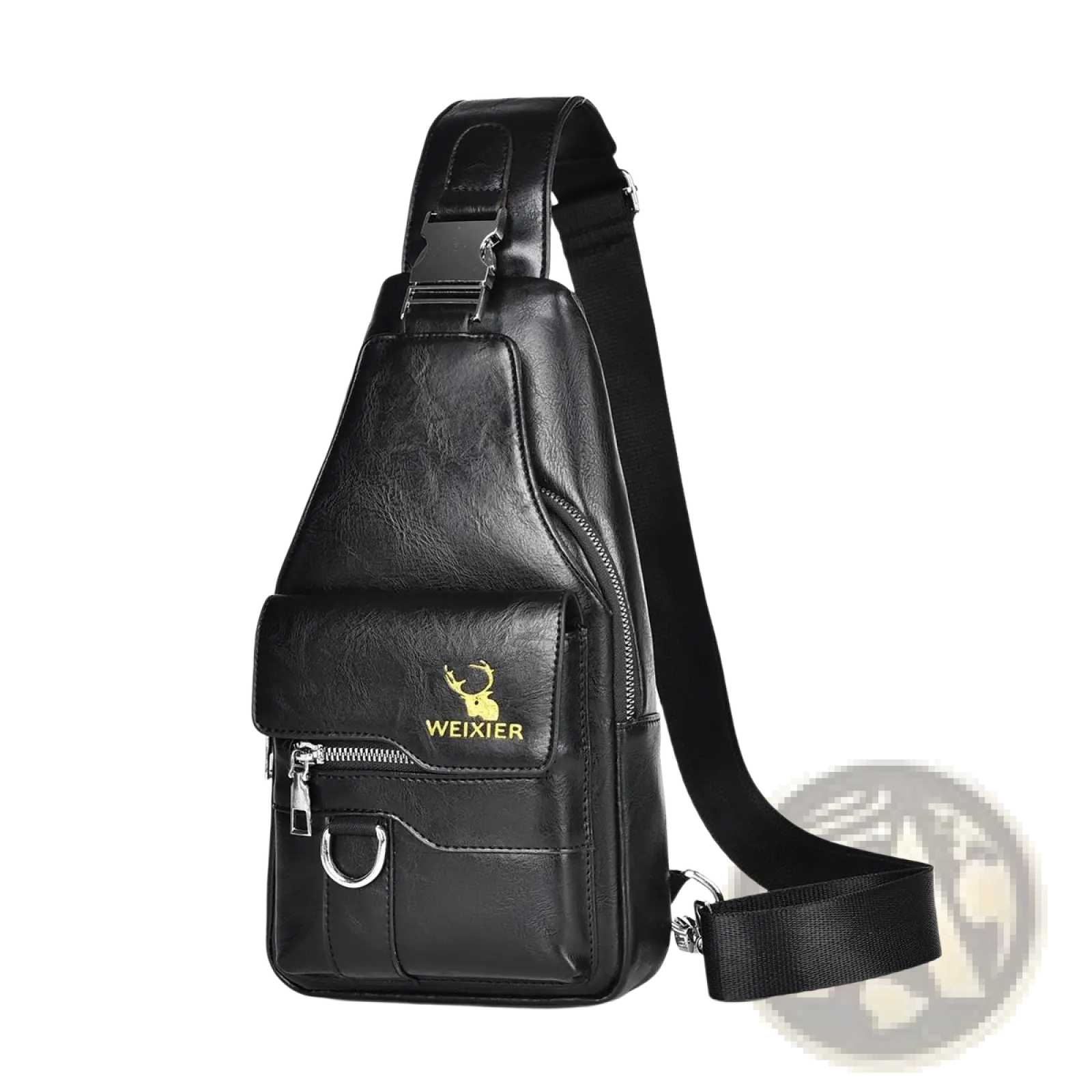 Men’s retro waterproof black faux leather crossbody chest bag with gold deer logo and weixier branding on front pocket