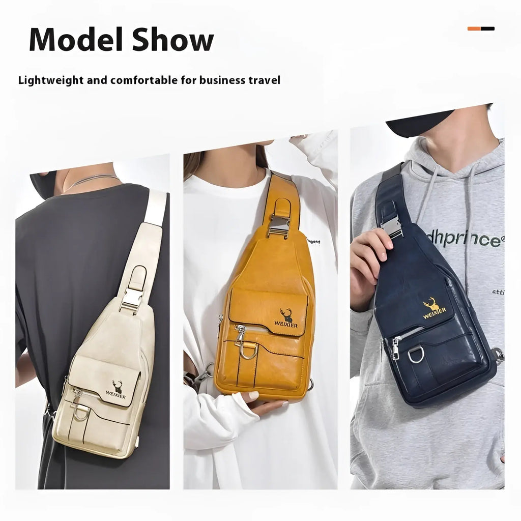 Men’s retro waterproof faux leather crossbody chest bag in beige, mustard yellow, or navy blue with weider logo