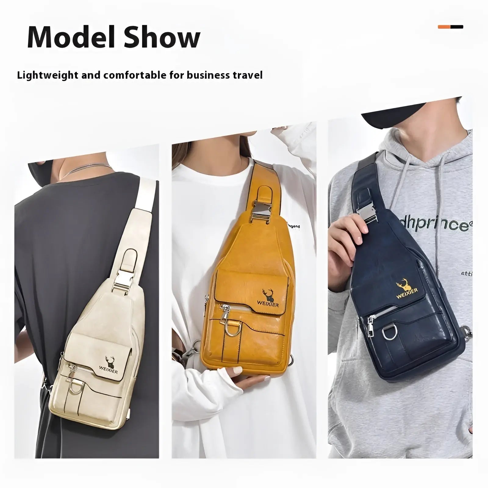 Men’s retro waterproof faux leather crossbody chest bag in beige, mustard yellow, or navy blue with weider logo