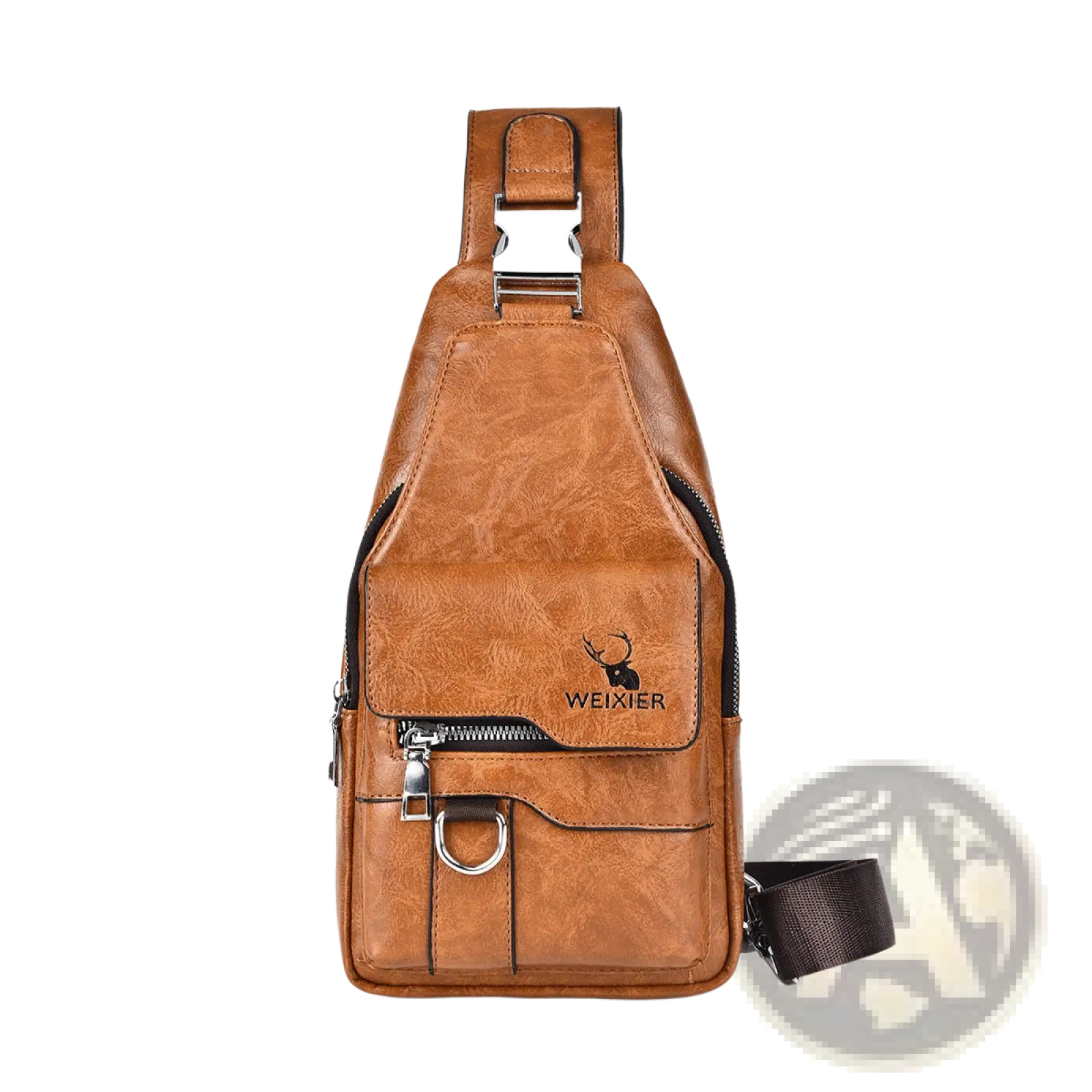 Men’s retro brown waterproof faux leather crossbody chest bag with silver buckle and zipper details