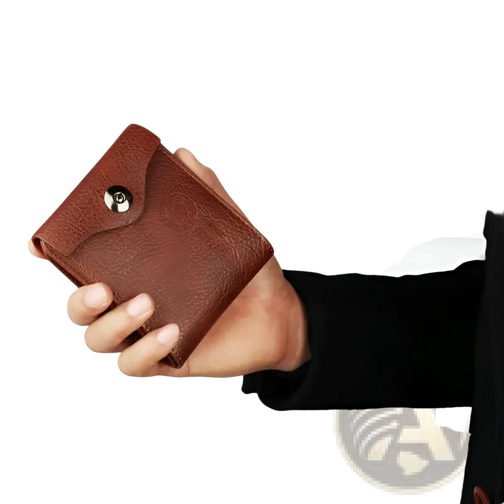 Men’s rfid blocking brown pu leather bifold wallet showing textured leather with silver snap button closure