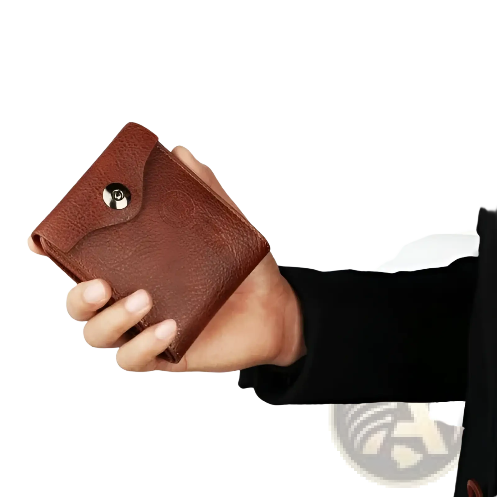 Men’s rfid blocking brown pu leather bifold wallet showing textured leather with silver snap button closure