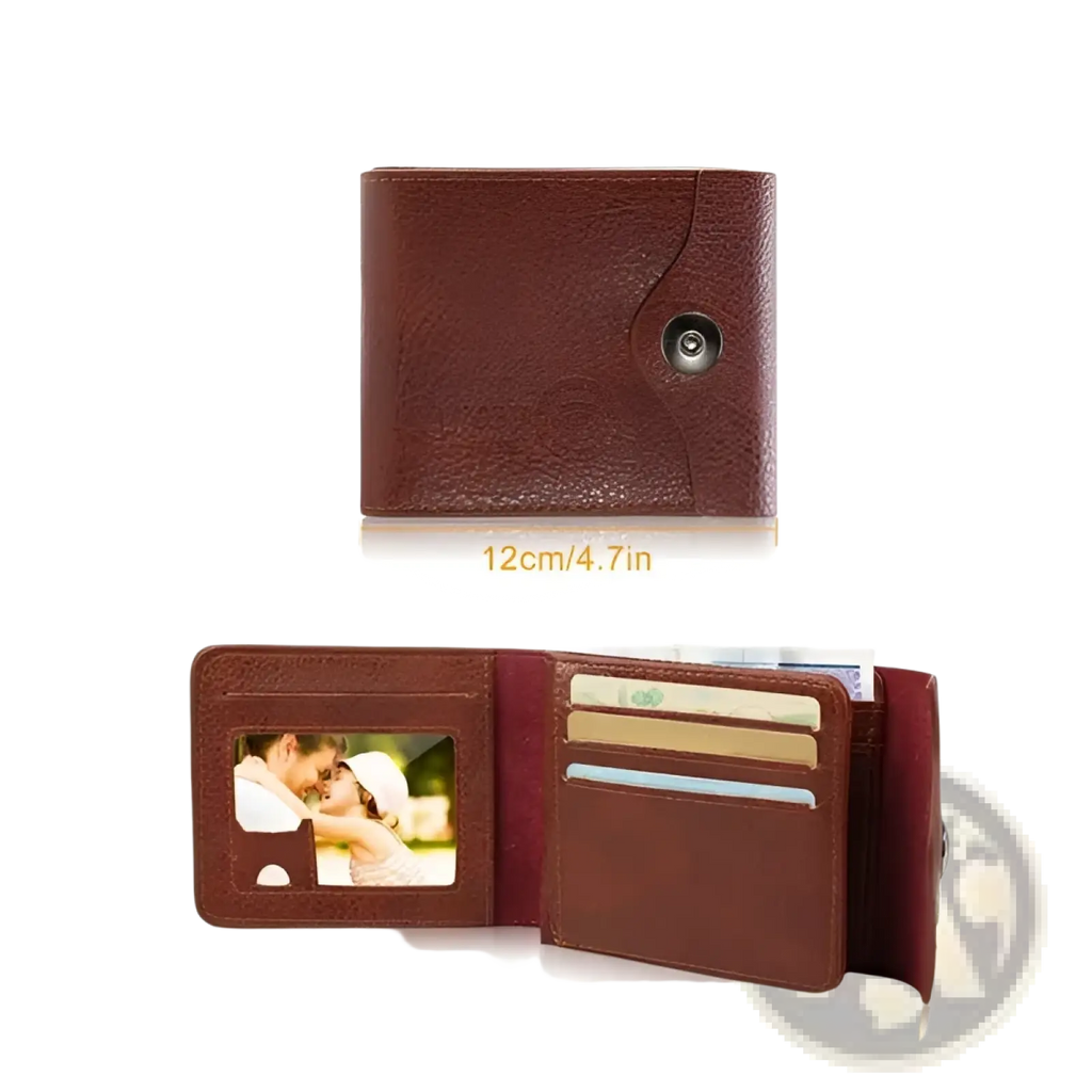 Men’s rfid blocking brown pu leather bifold wallet with snap closure and photo insert visible on the front side