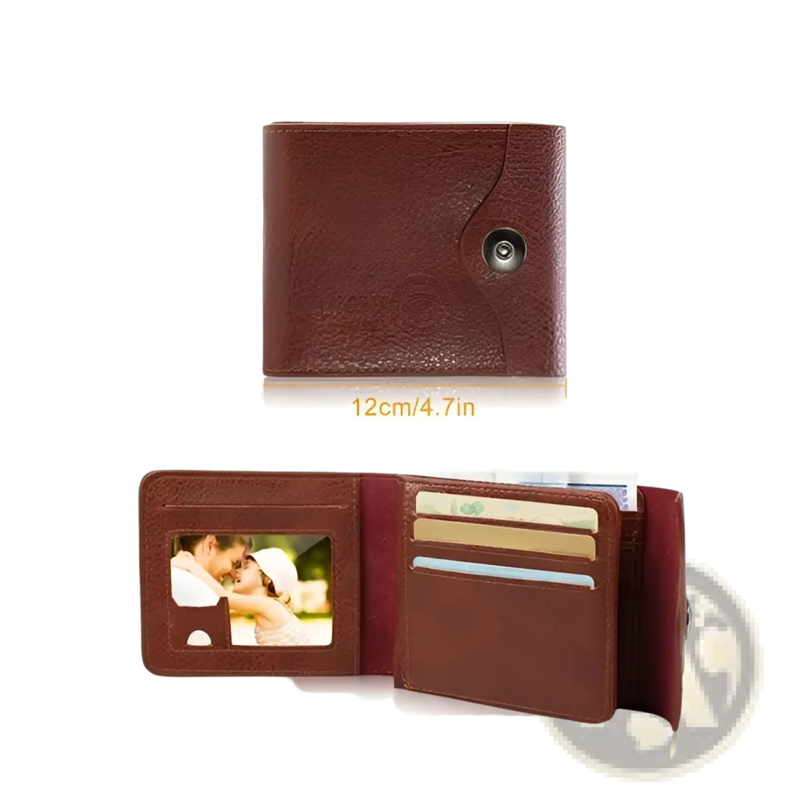 Men’s rfid blocking brown pu leather bifold wallet with snap closure and photo insert visible on the front side