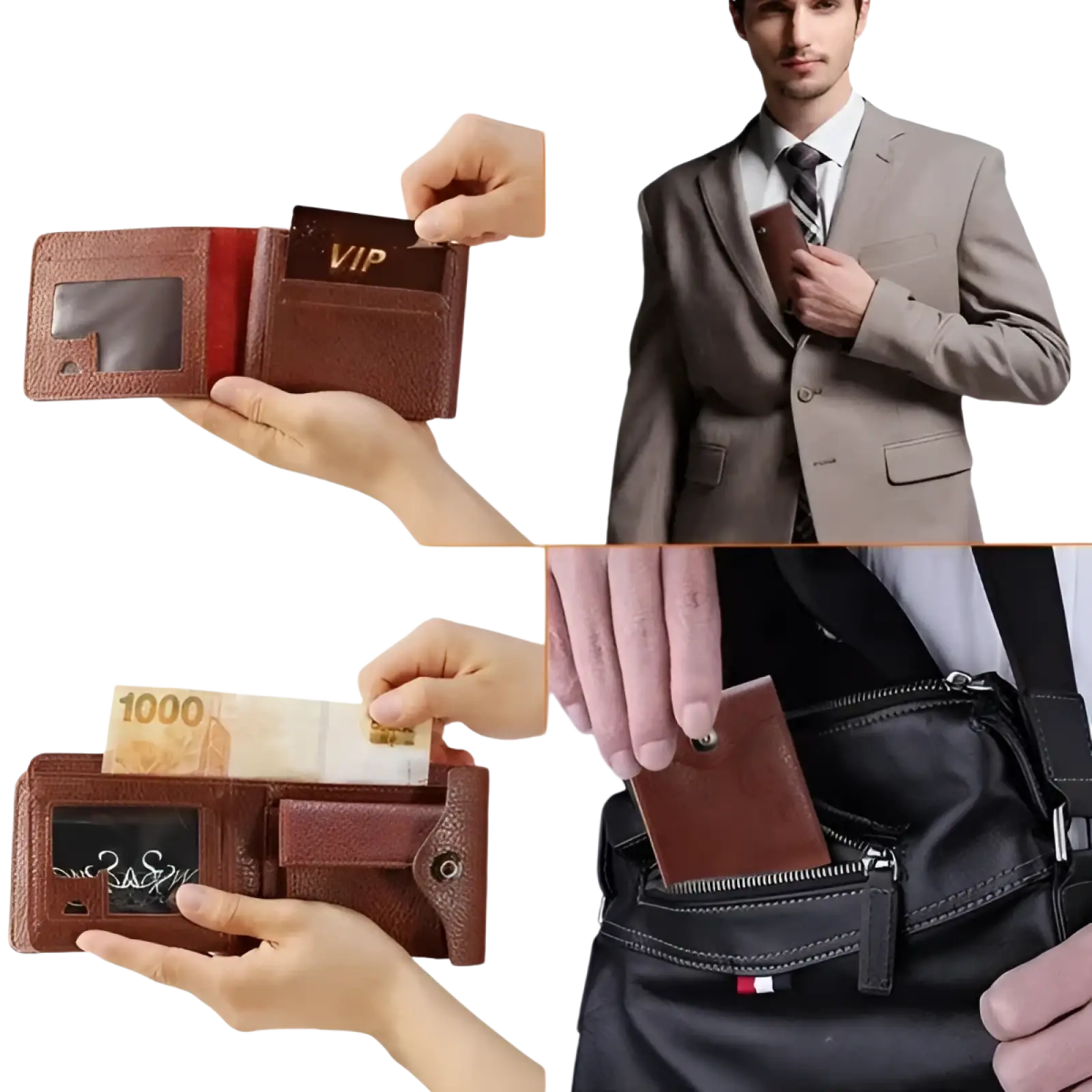 Brown pu leather men’s bifold wallet with rfid blocking multiple compartments and clear id window with snap closure