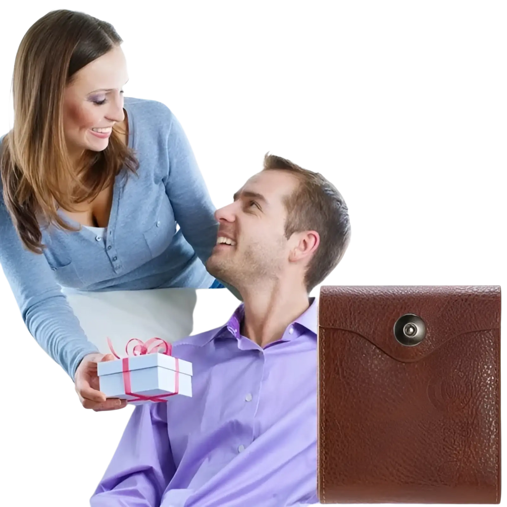 Men’s RFID blocking brown PU leather bifold wallet with textured surface and metallic snap closure shown from front side