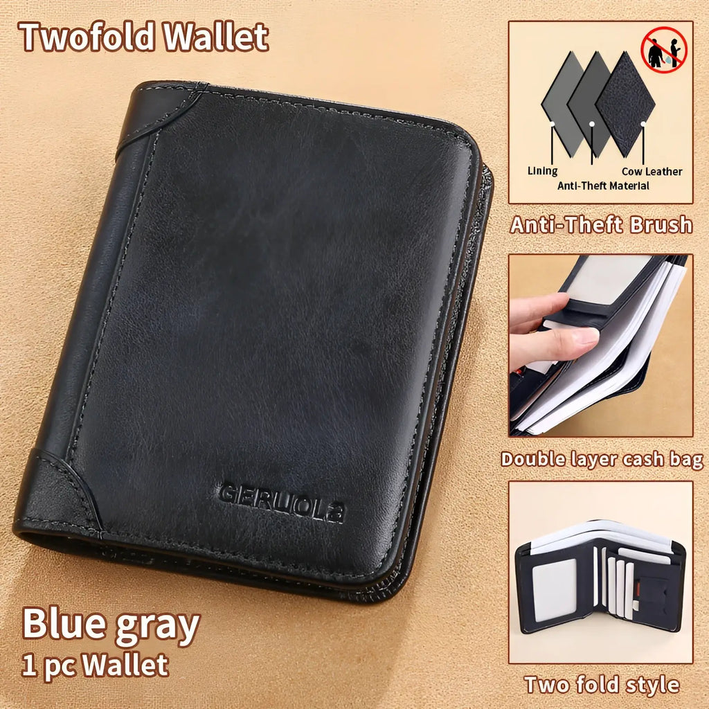 Black men’s two-fold rfid leather wallet with zip coin pocket made of textured cow leather and stitched edges