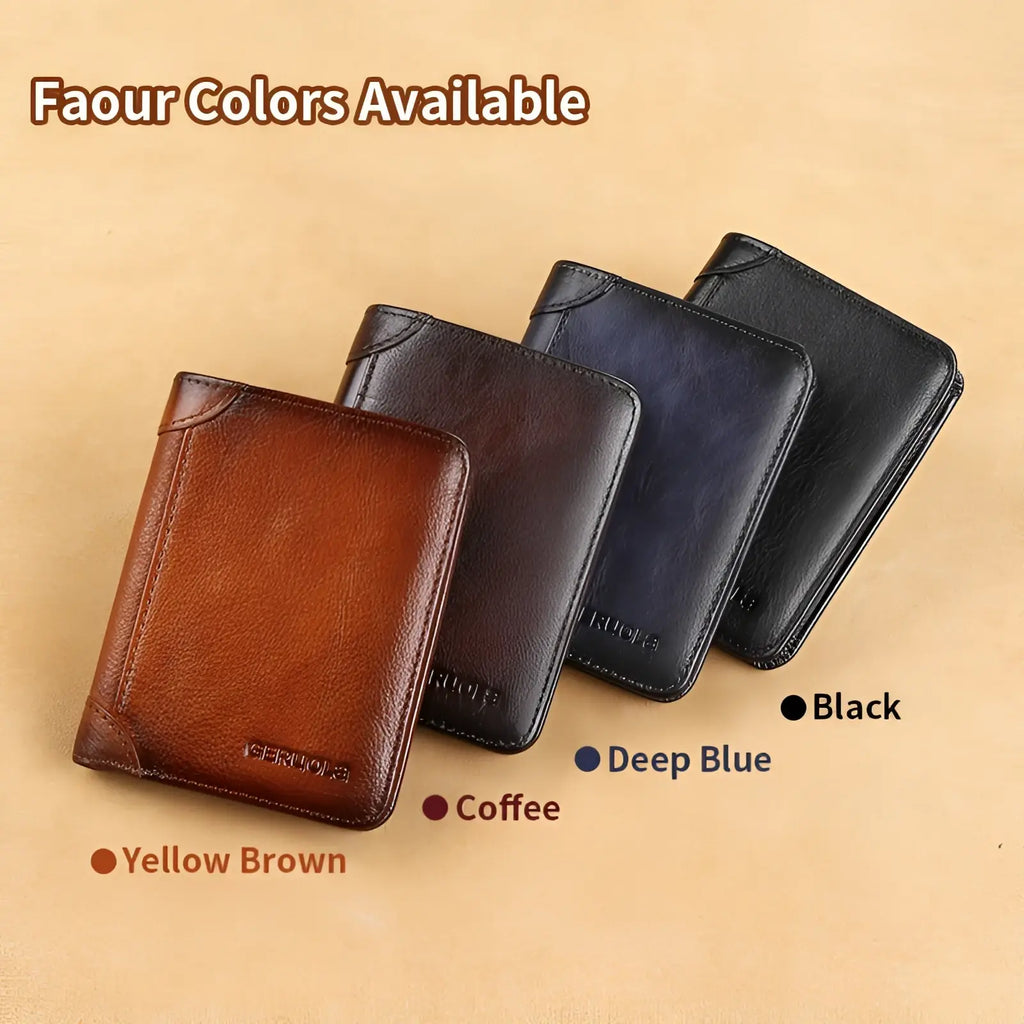 Men’s brown leather rfid wallet with stitched edges and zip coin pocket featuring a subtle embossed logo