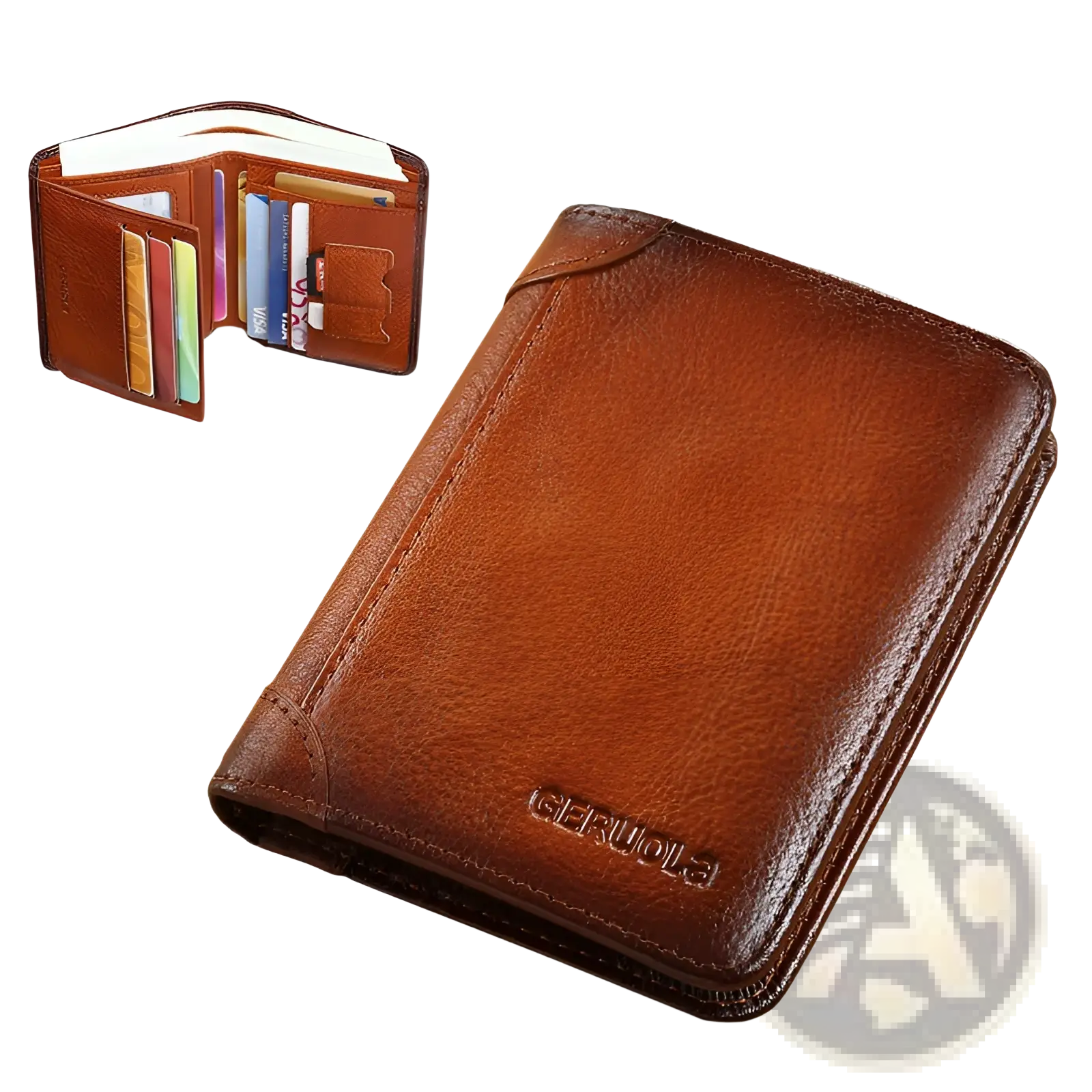 Men’s brown leather wallet with RFID protection and embossed brand logo featuring a zip coin pocket