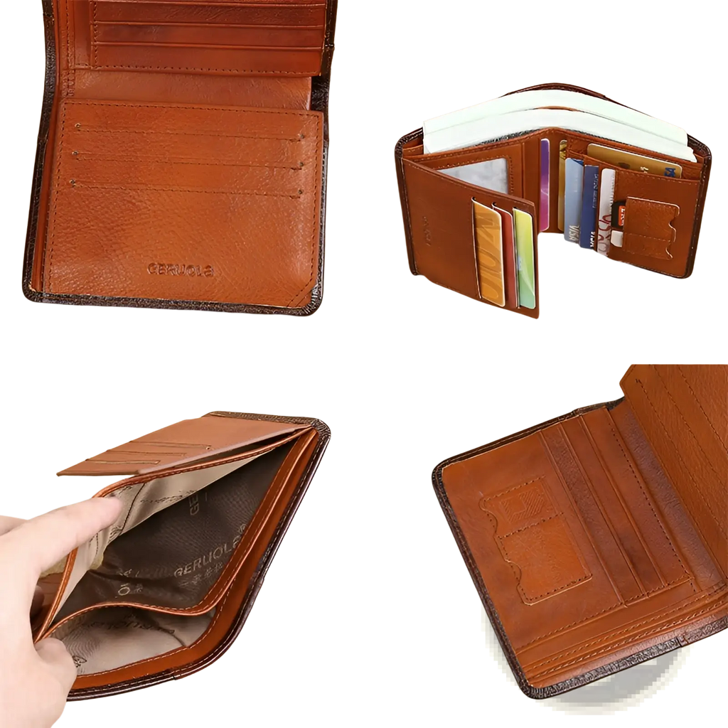 Brown leather men’s RFID bifold wallet with multiple card slots textured interior and zip coin pocket visible