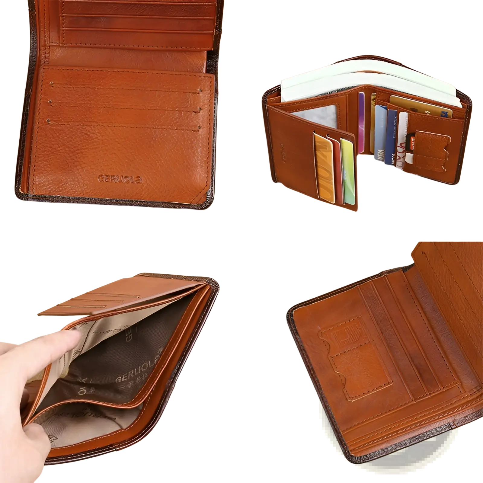 Brown leather men’s RFID bifold wallet with multiple card slots textured interior and zip coin pocket visible