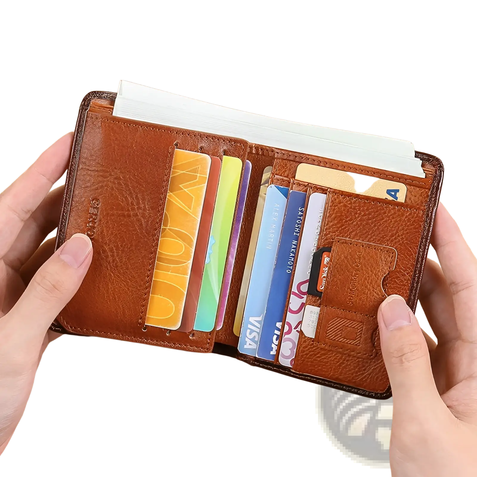 Men’s brown leather RFID wallet with zip coin pocket and multiple card slots featuring a textured finish