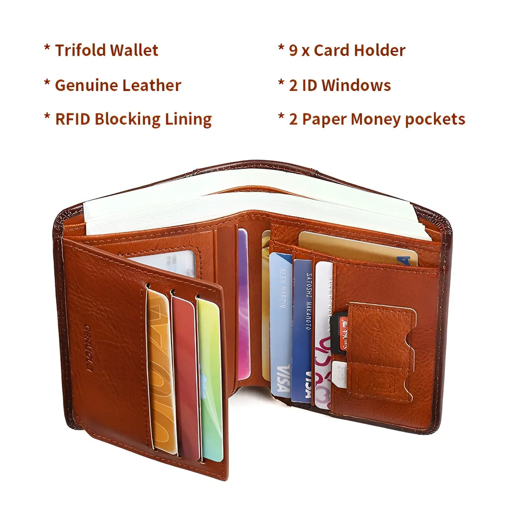 Men’s brown genuine leather trifold rfid wallet with multiple card slots and zip coin pocket for secure storage