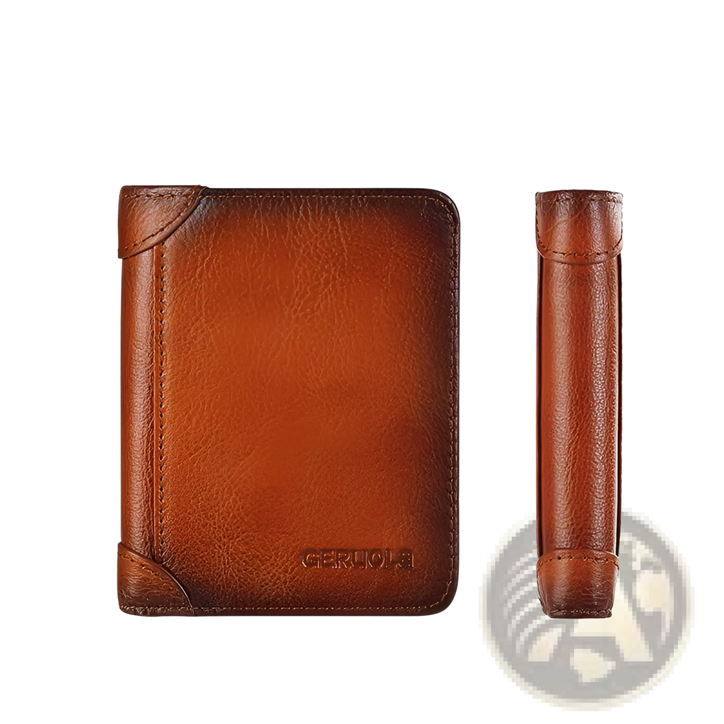 Men’s rfid brown leather wallet with stitched edges zip coin pocket and subtle embossed brand logo
